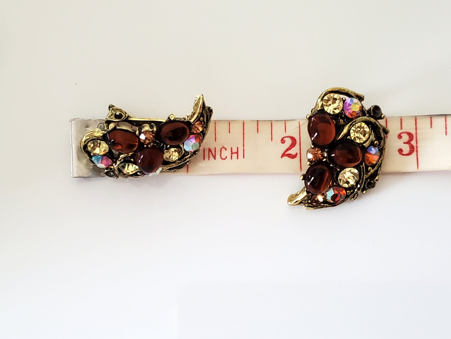 Vintage Mid-Century Amber and AB Rhinestone Clip On Earrings by Weiss