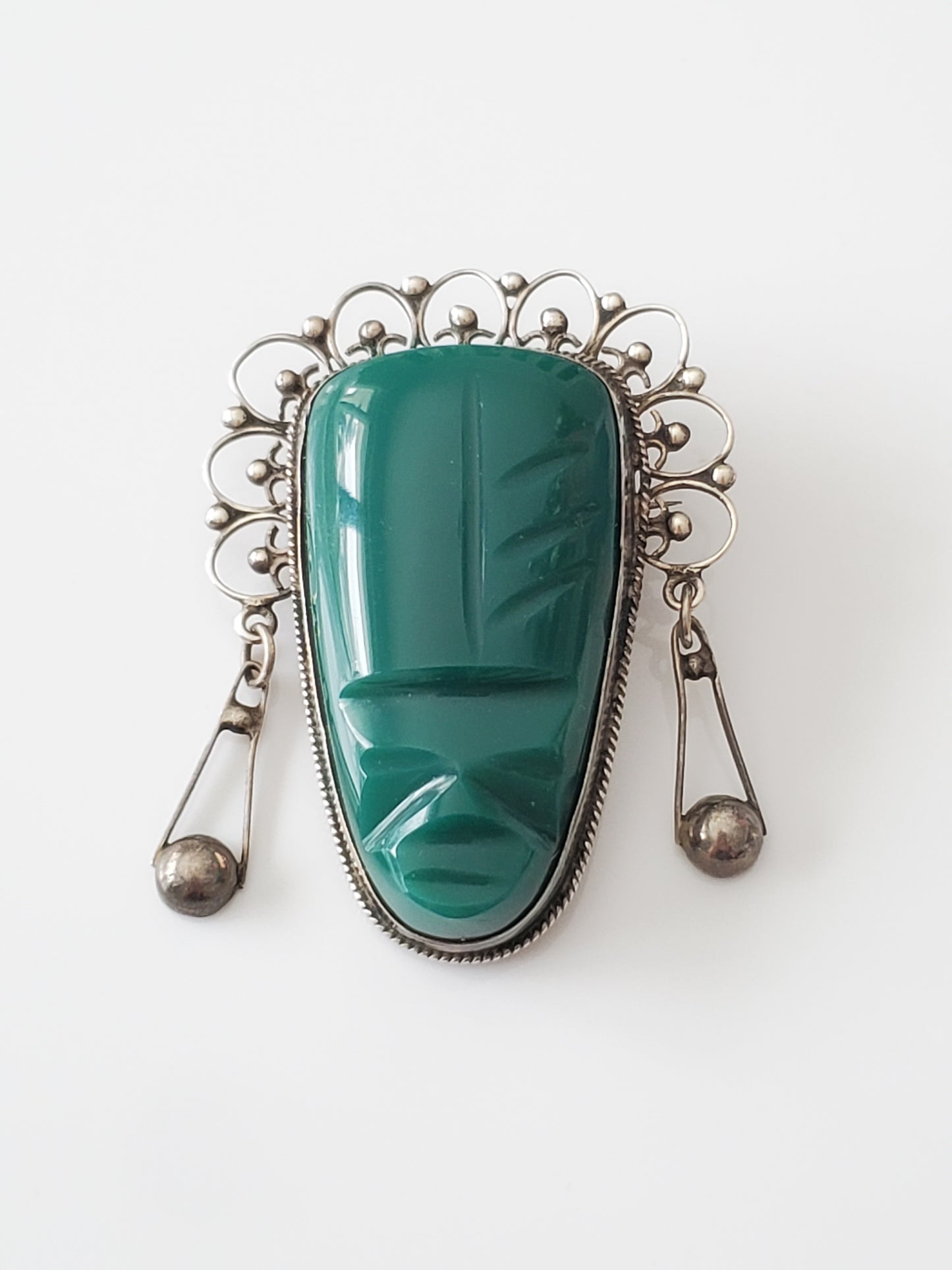 Vintage Sterling Silver Carved Chrysoprase Aztec Mayan Warrior Pin Brooch