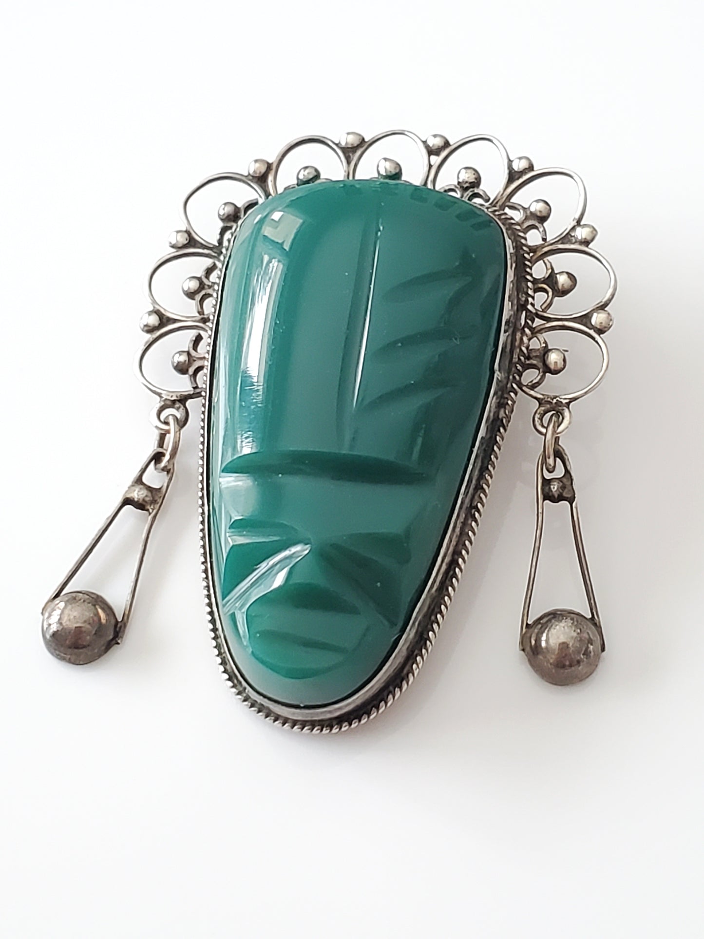 Vintage Sterling Silver Carved Chrysoprase Aztec Mayan Warrior Pin Brooch