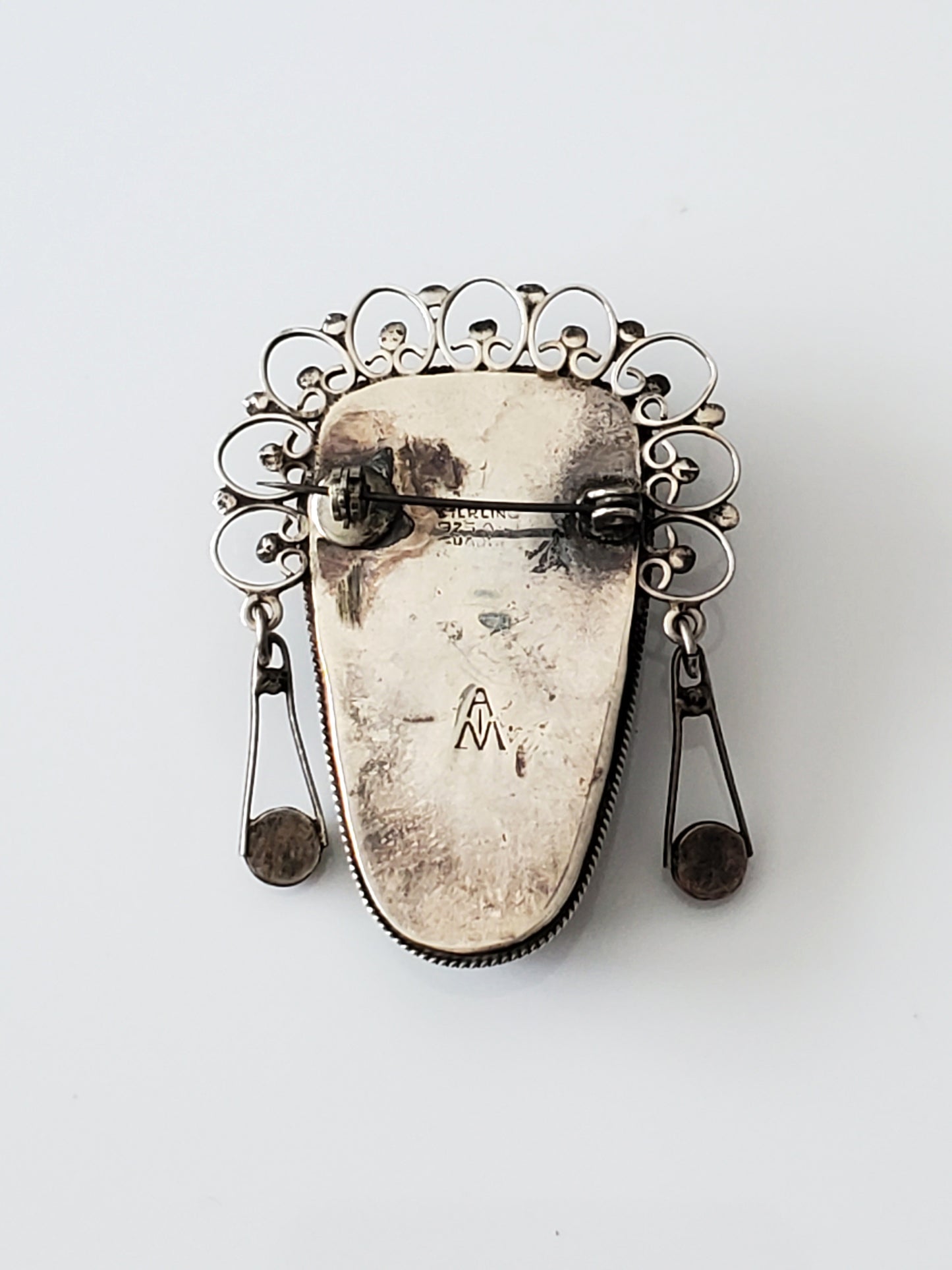 Vintage Sterling Silver Carved Chrysoprase Aztec Mayan Warrior Pin Brooch