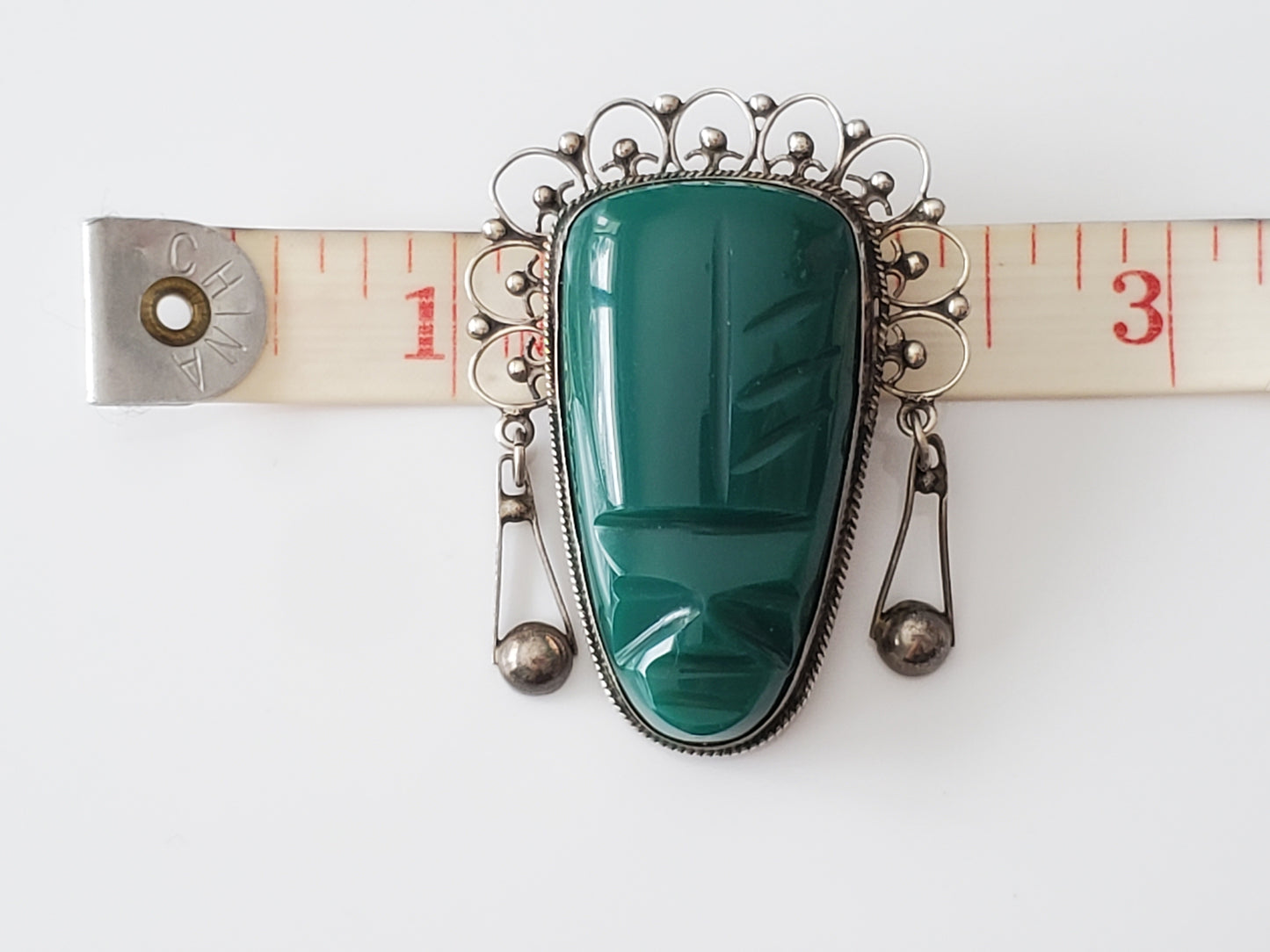 Vintage Sterling Silver Carved Chrysoprase Aztec Mayan Warrior Pin Brooch