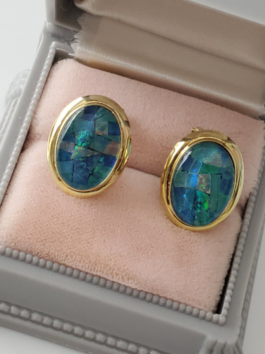 Vintage 14K Gold Opal Mosaic Triplet Omega Earrings