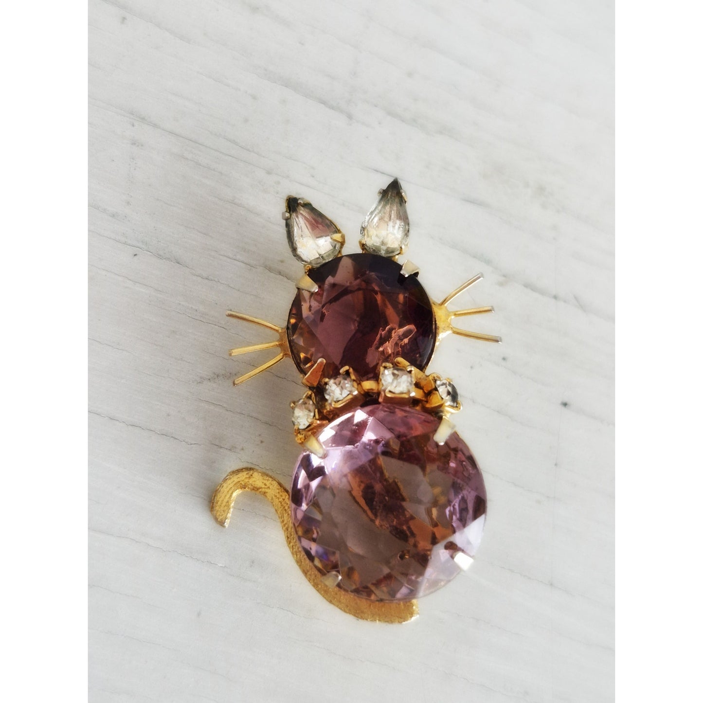 Vintage Dodd Style Cat Pin Brooch Plumb Rhinestone Brooch Pin