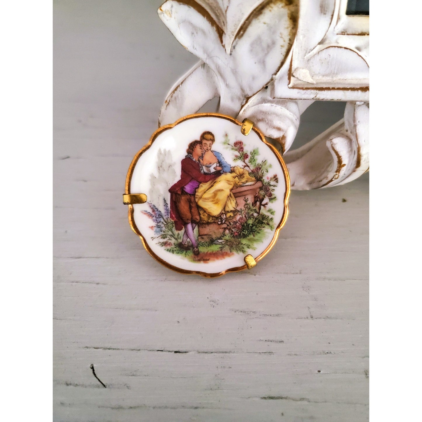 Limoges Porcelain Miniature Plate Brooch Made in France