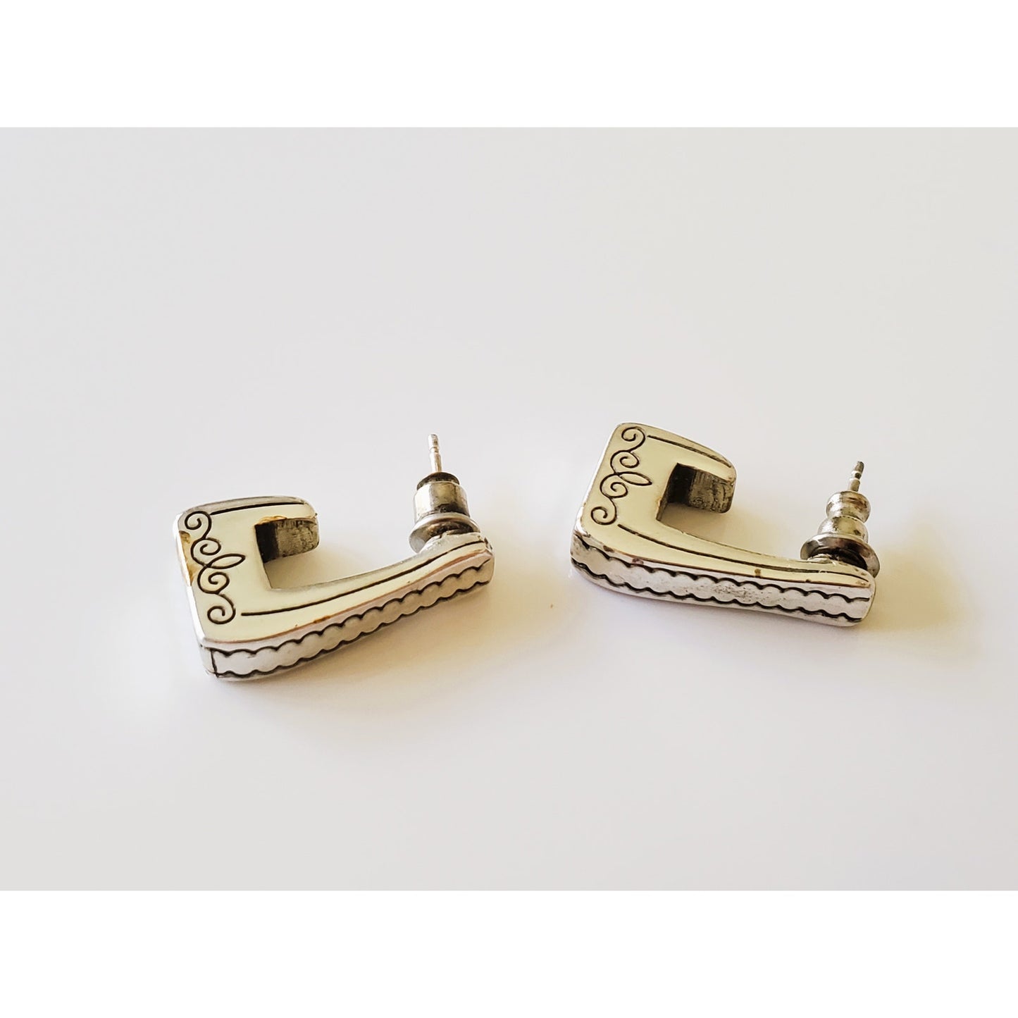 Silver-tone L Hoop Scroll Etched Earrings