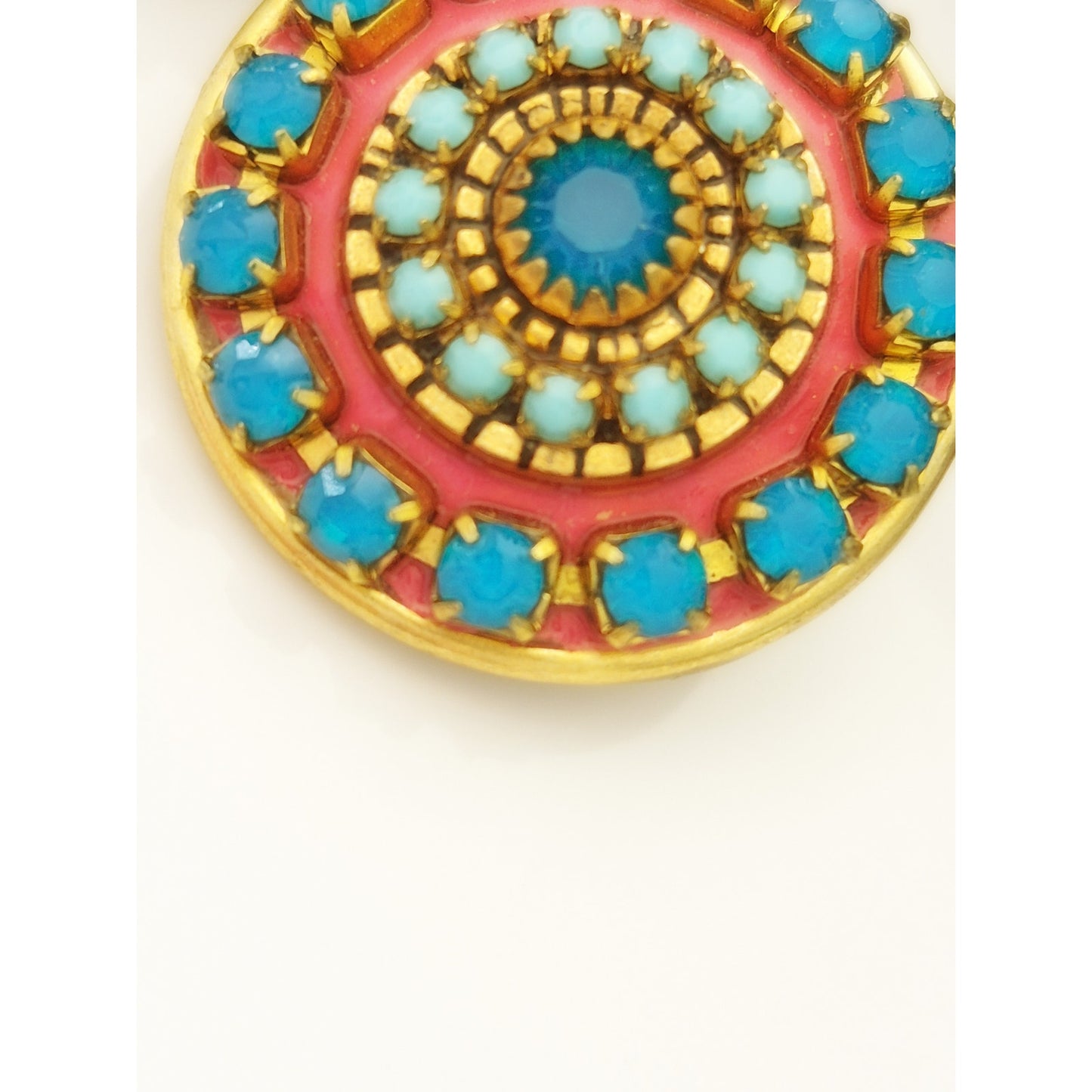 Vintage Michal Golan Blue Rhinestone Cabochon Pink Enamel Earrings