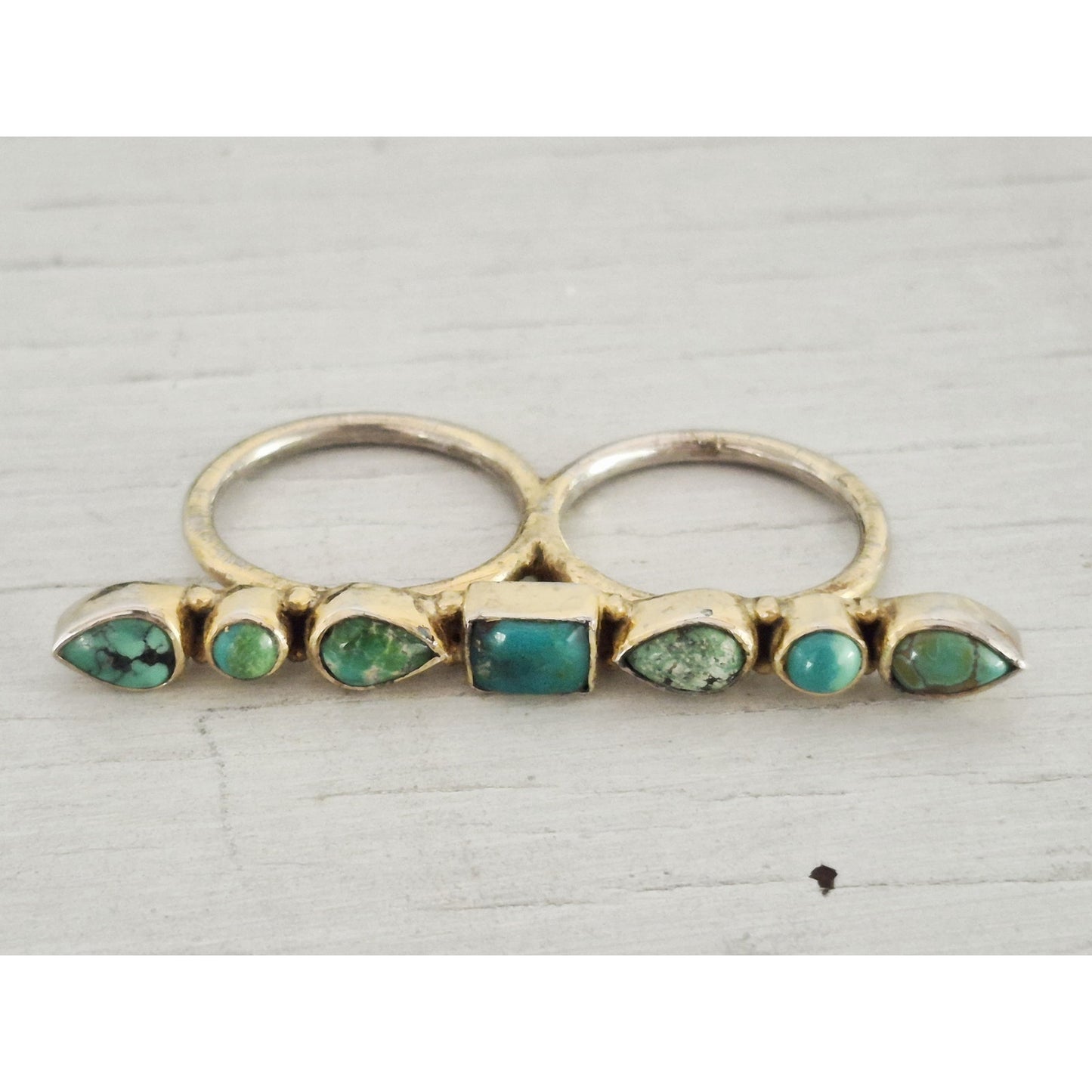 Vintage Southwestern Natural Turquoise Sterling Silver Vermeil Double Ring