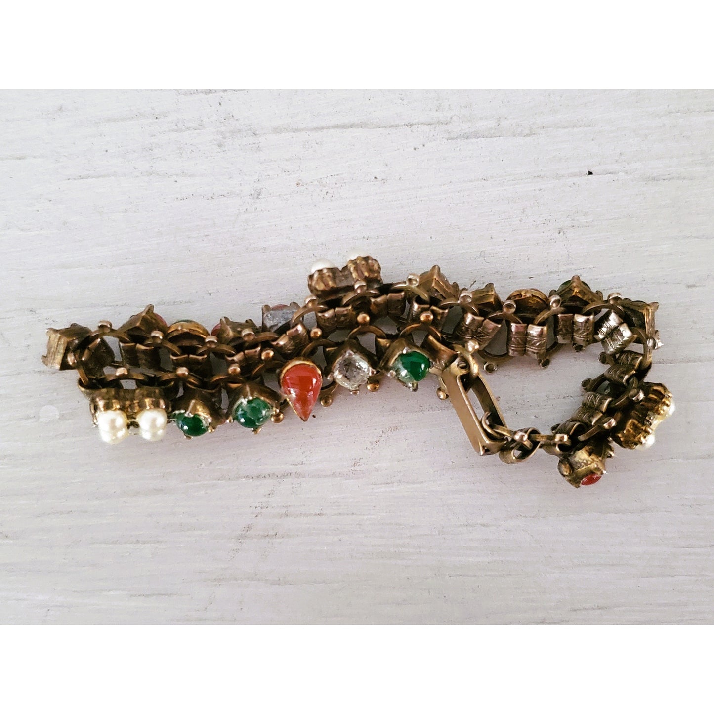Victorian Revival Brass Filigree Faux Pearl & Glass Stone Bracelet
