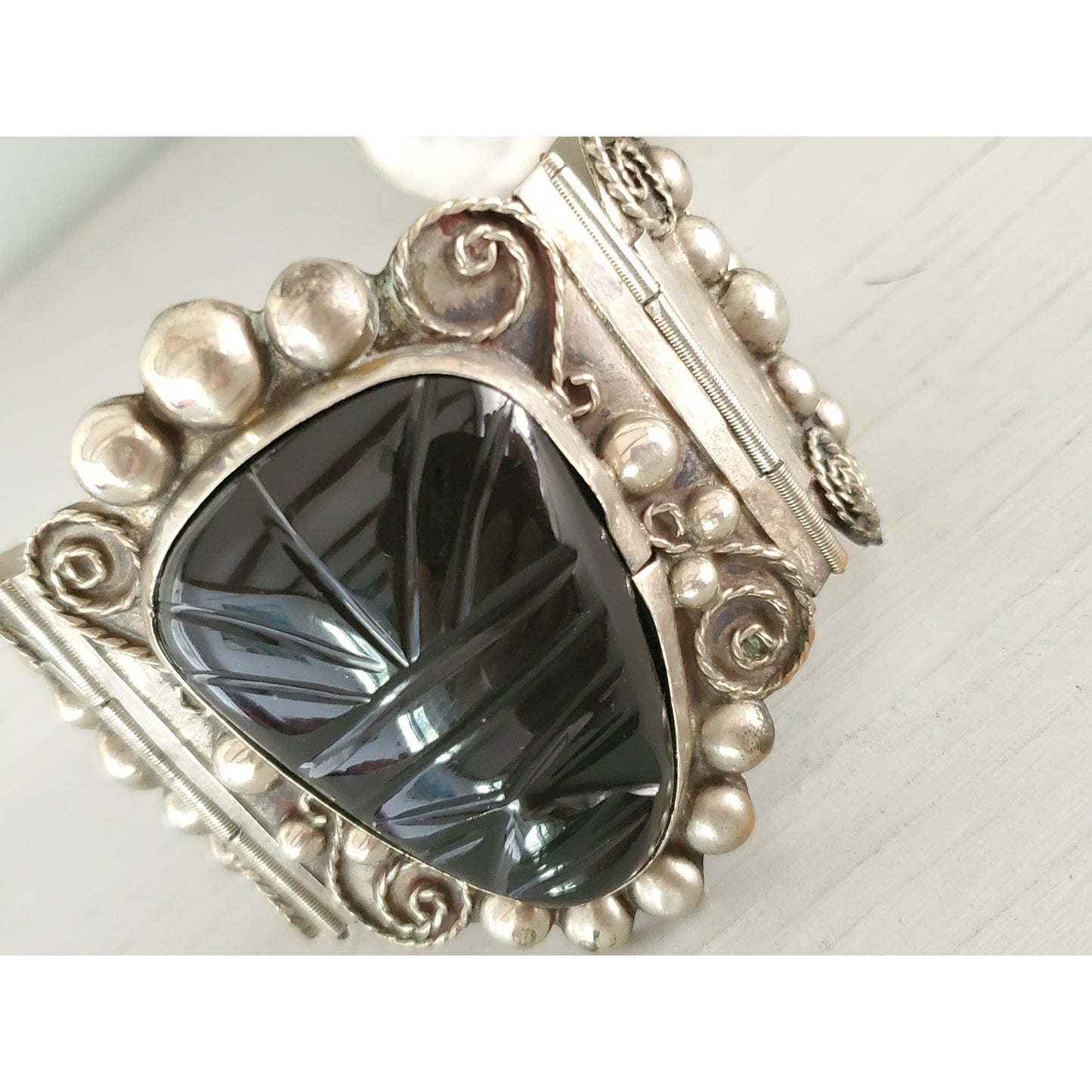 Vintage Large Silver Panel Onyx Mexico Panel Bracelet