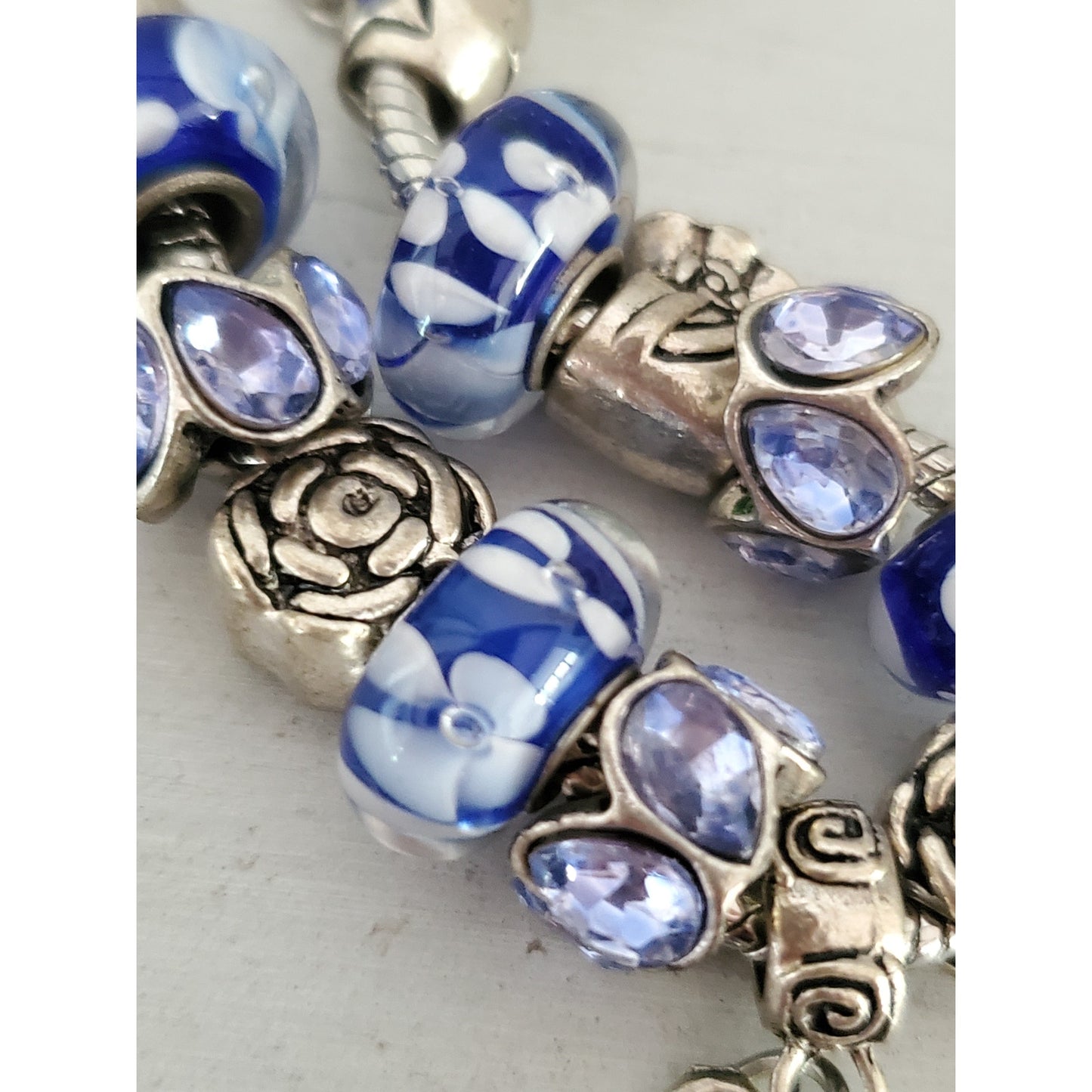 Silver-tone Blue Glass Floral Charm Bracelet