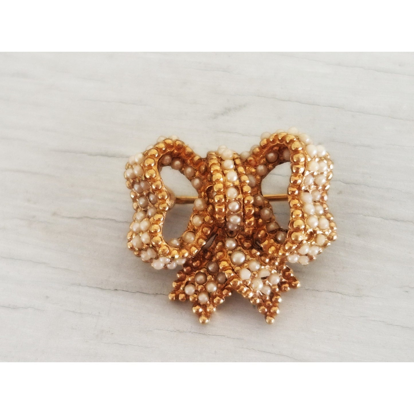 Vintage Signed Ciner Gold Tone Faux Seed Pearl Mini Bow Brooch Pin