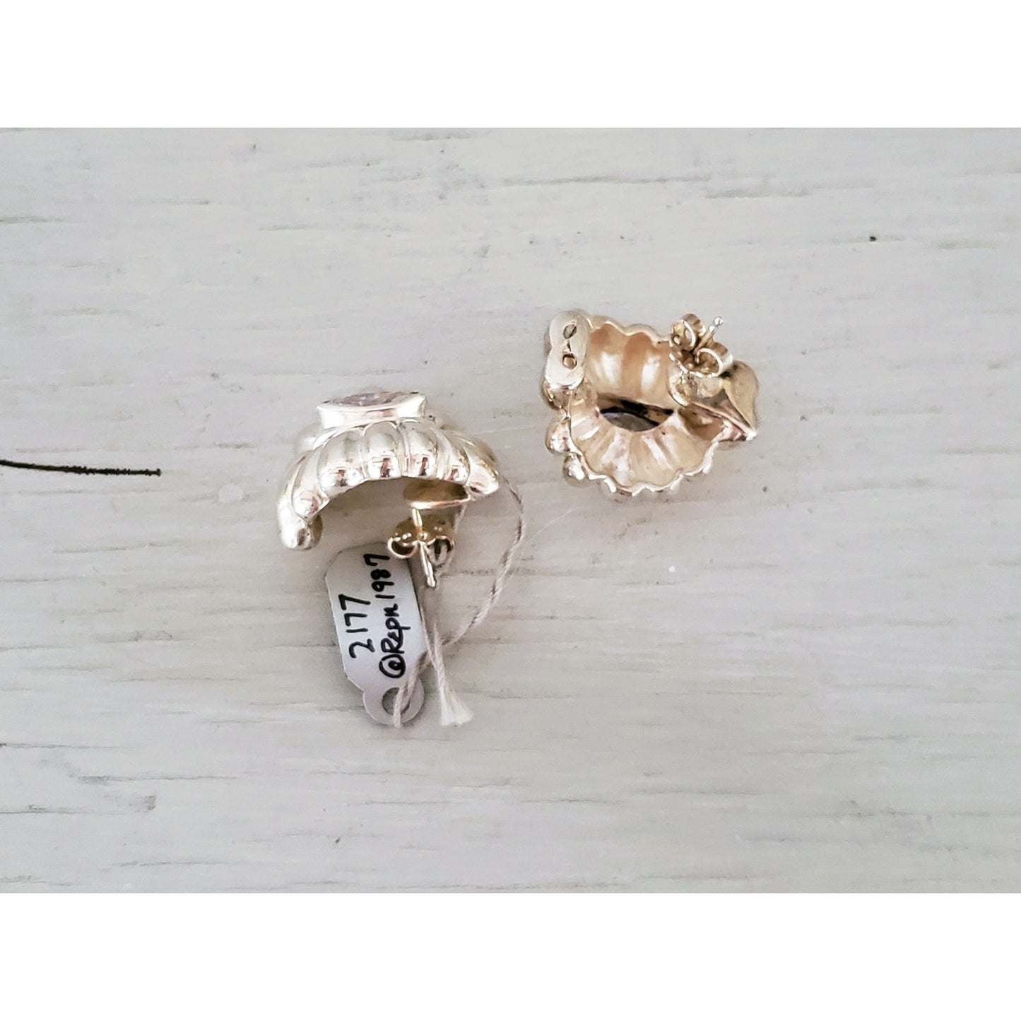 Vintage 1980s Italian Chunky Silver Scalloped Crystal Zirconia Earrings