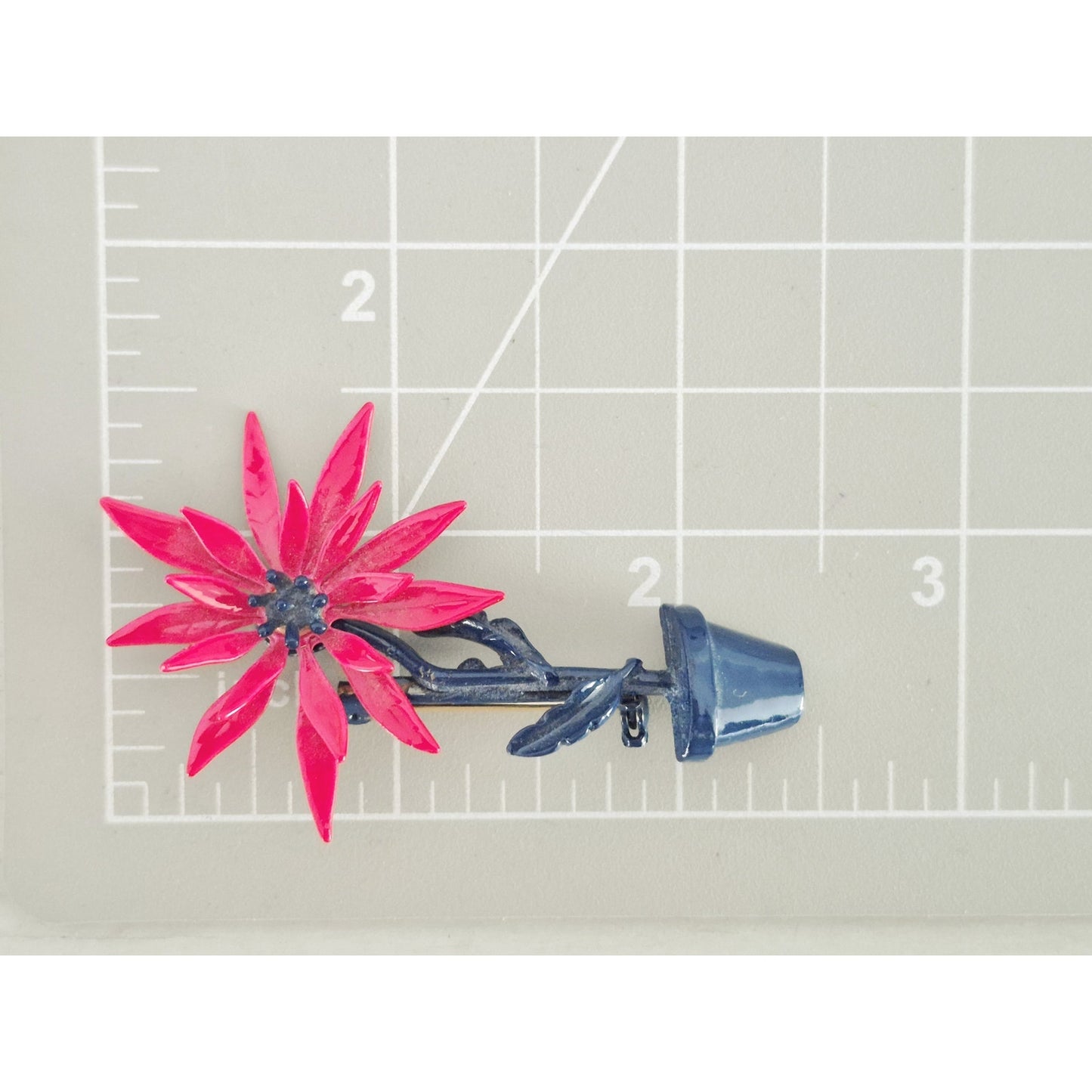 Vintage Hot Pink and Blue 1960s Enameled Flower Brooch