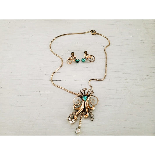 Vintage Gold Filled Blue Rhinestone Brooch Necklace and Earring Set