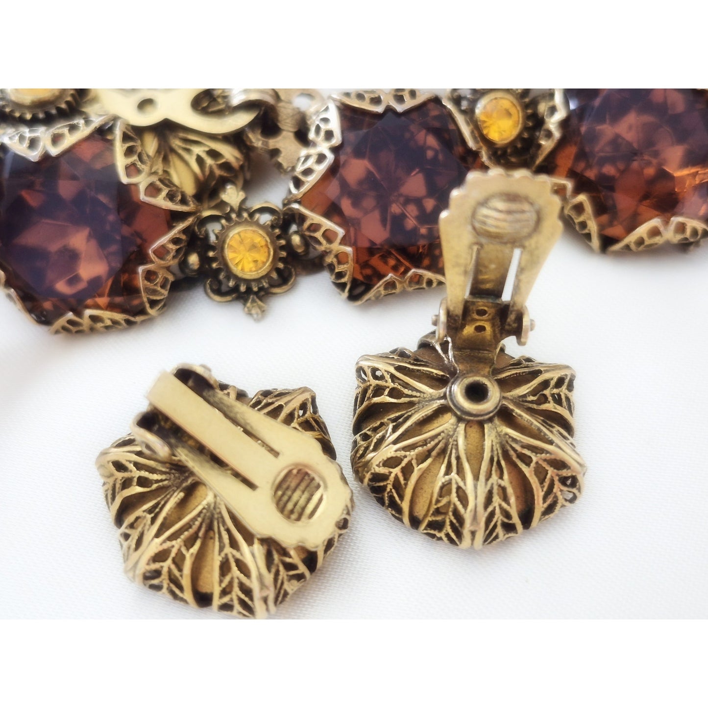 Vintage Art Deco Checho Filigree Cognac Crystal Bracelet and Earring Set
