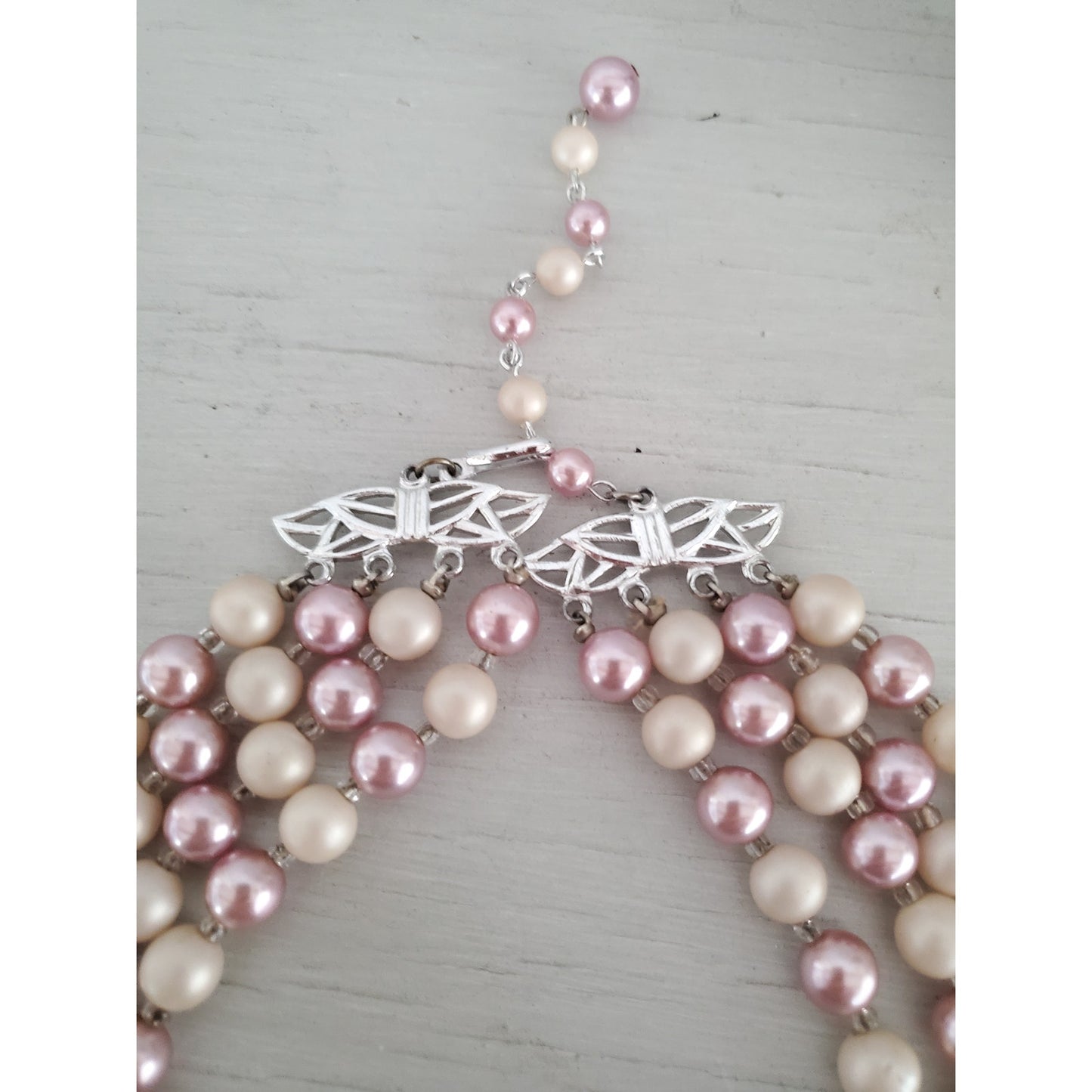 Vintage 4 Strand Hong Kong Lavender & Cream Acrylic Graduated Bead Necklace