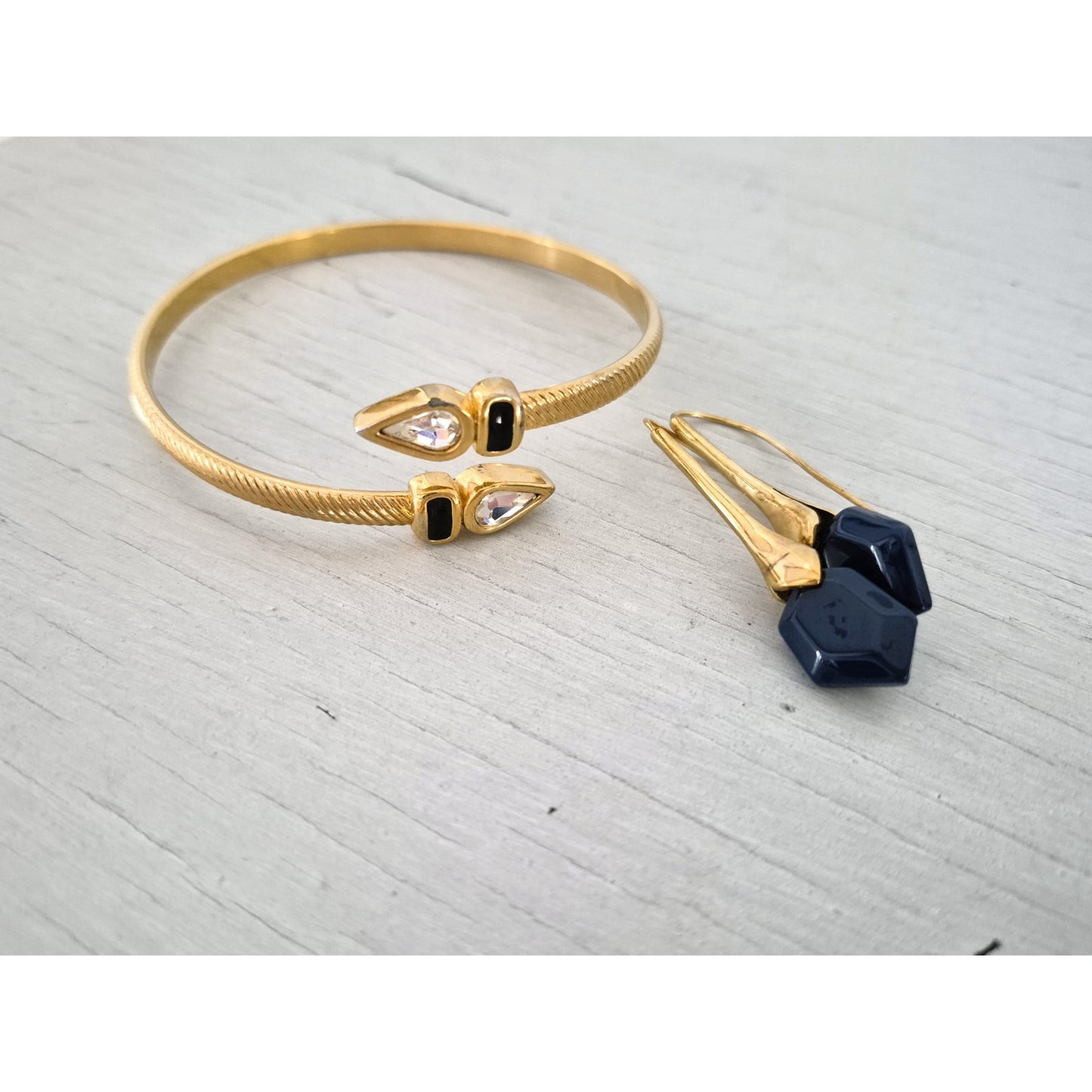 Vintage Gold Tone and Navy Blue Bangle and Earring Set
