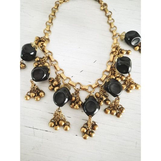 Vintage Black and Gold Beaded Dangle Statement Collar Necklace
