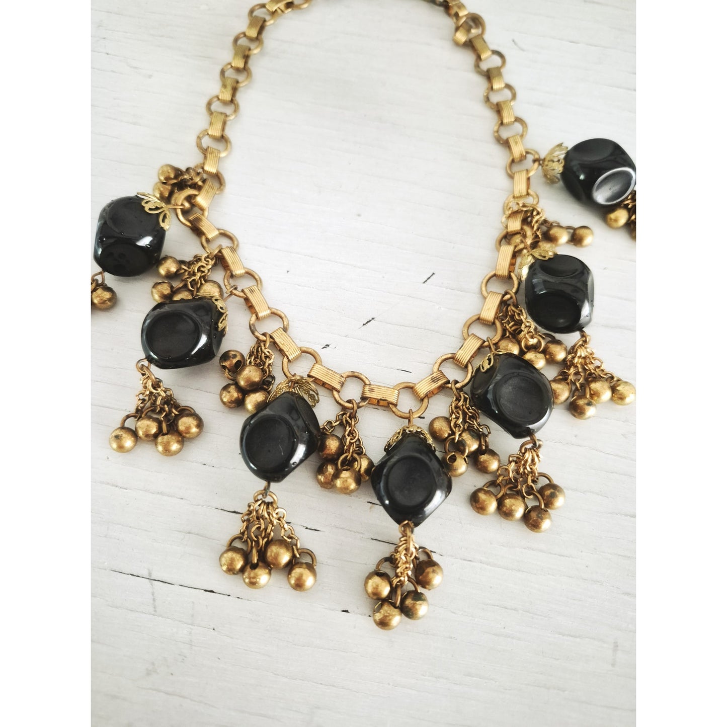 Vintage Black and Gold Beaded Dangle Statement Collar Necklace