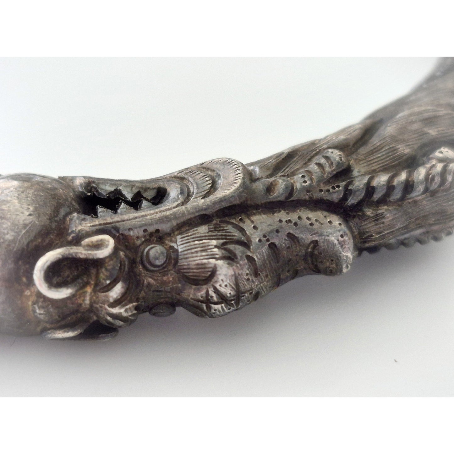 Vintage Sterling Silver & Bamboo Chinese Dragon Bangle Bracelet
