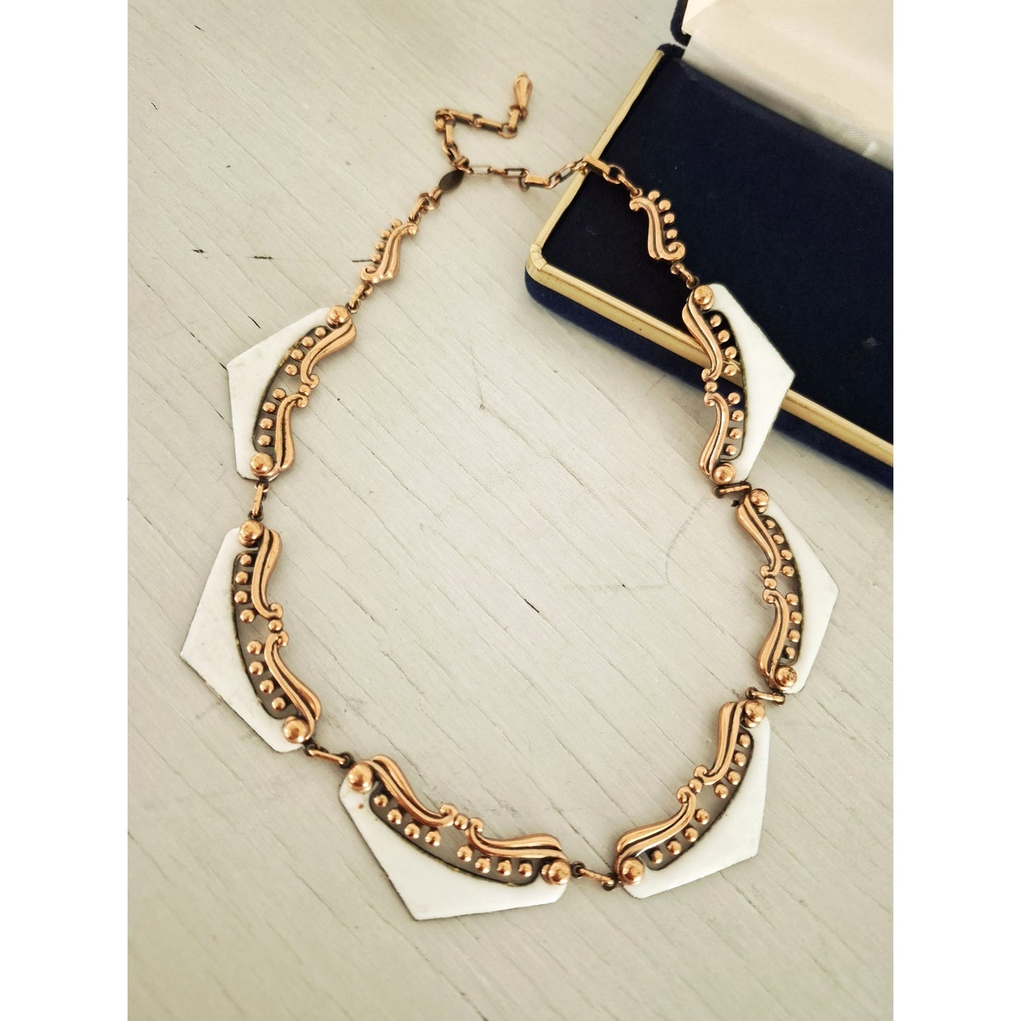 Vintage MCM Matisse Signed Copper White Enamel Atomic Necklace