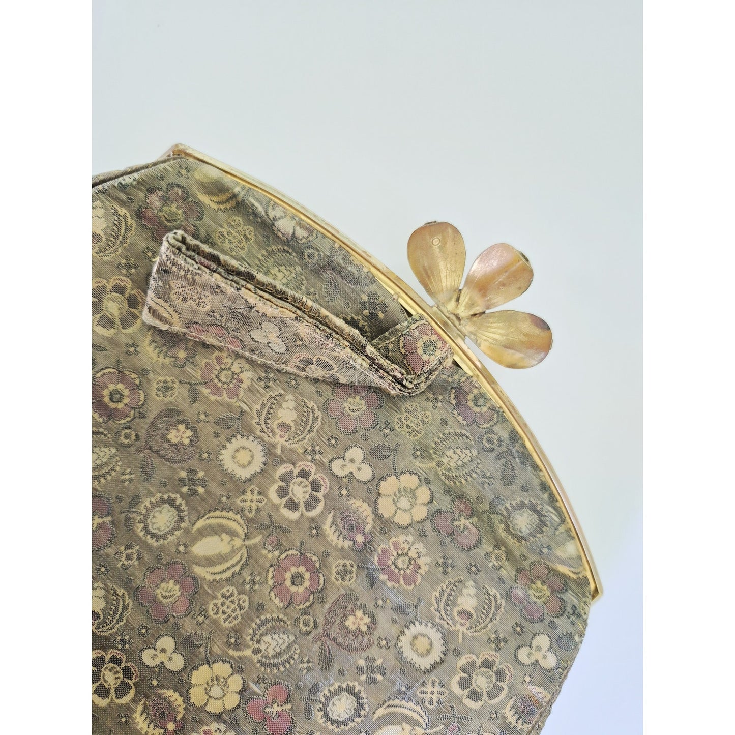 Vintage Antique 1930s Silk Brocade Hand Purse with Green Rhinestones
