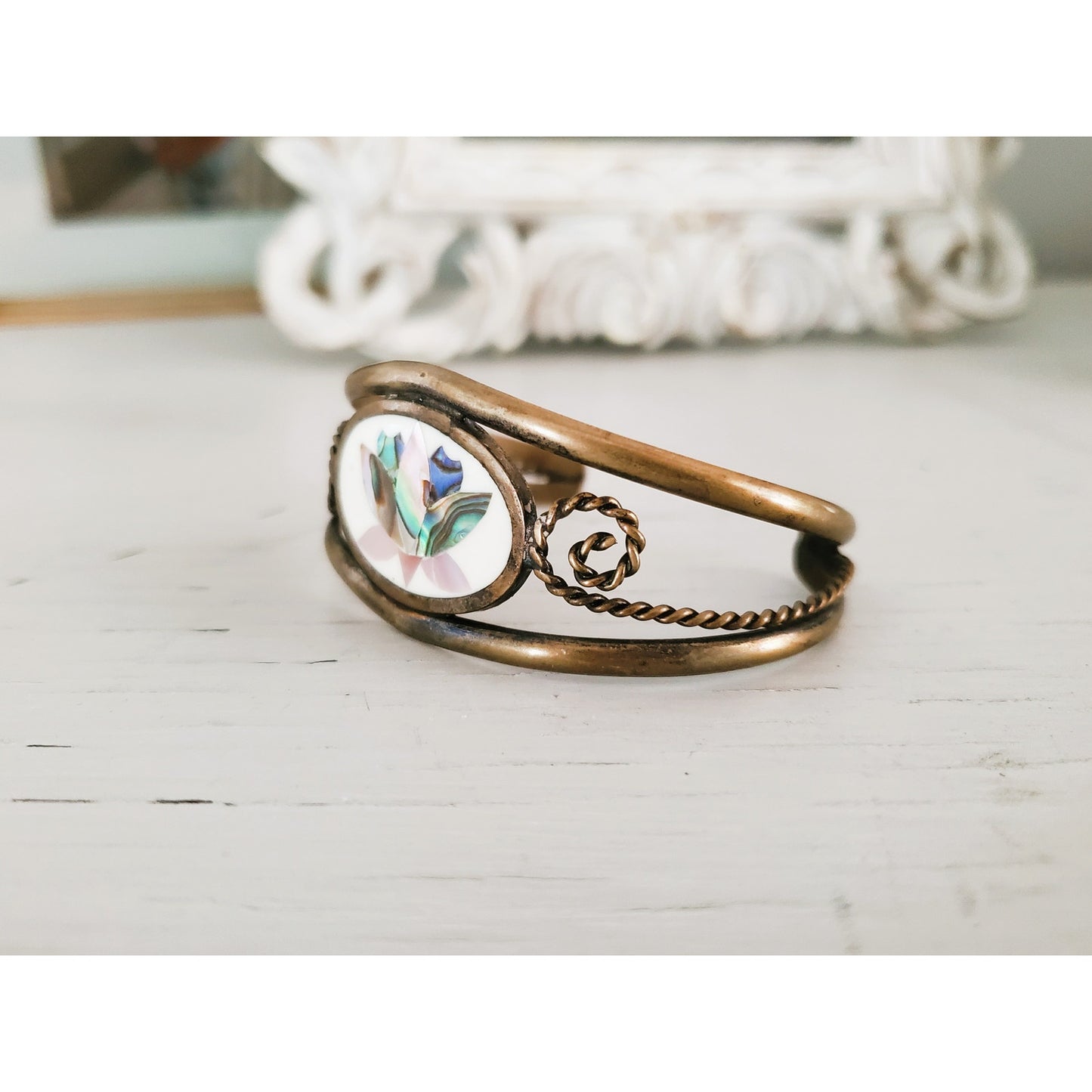 Vintage Pink Floral Mother of Pearl Cuff Bracelet