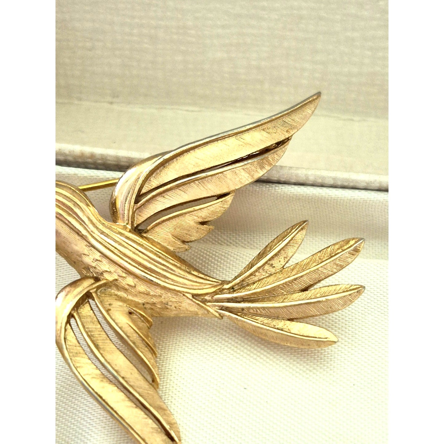 Vintage MCM Crown Trifari Brushed Gold-tone Red Glass Eye Flying Bird Pin Brooch