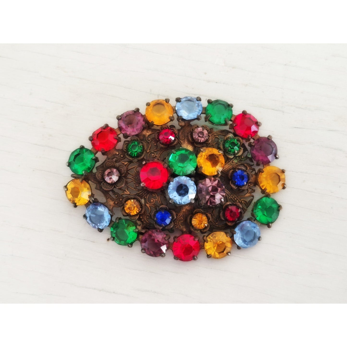 Antique 1920s Czech Multi-Color Fruit Salad Glass Brooch Pendant