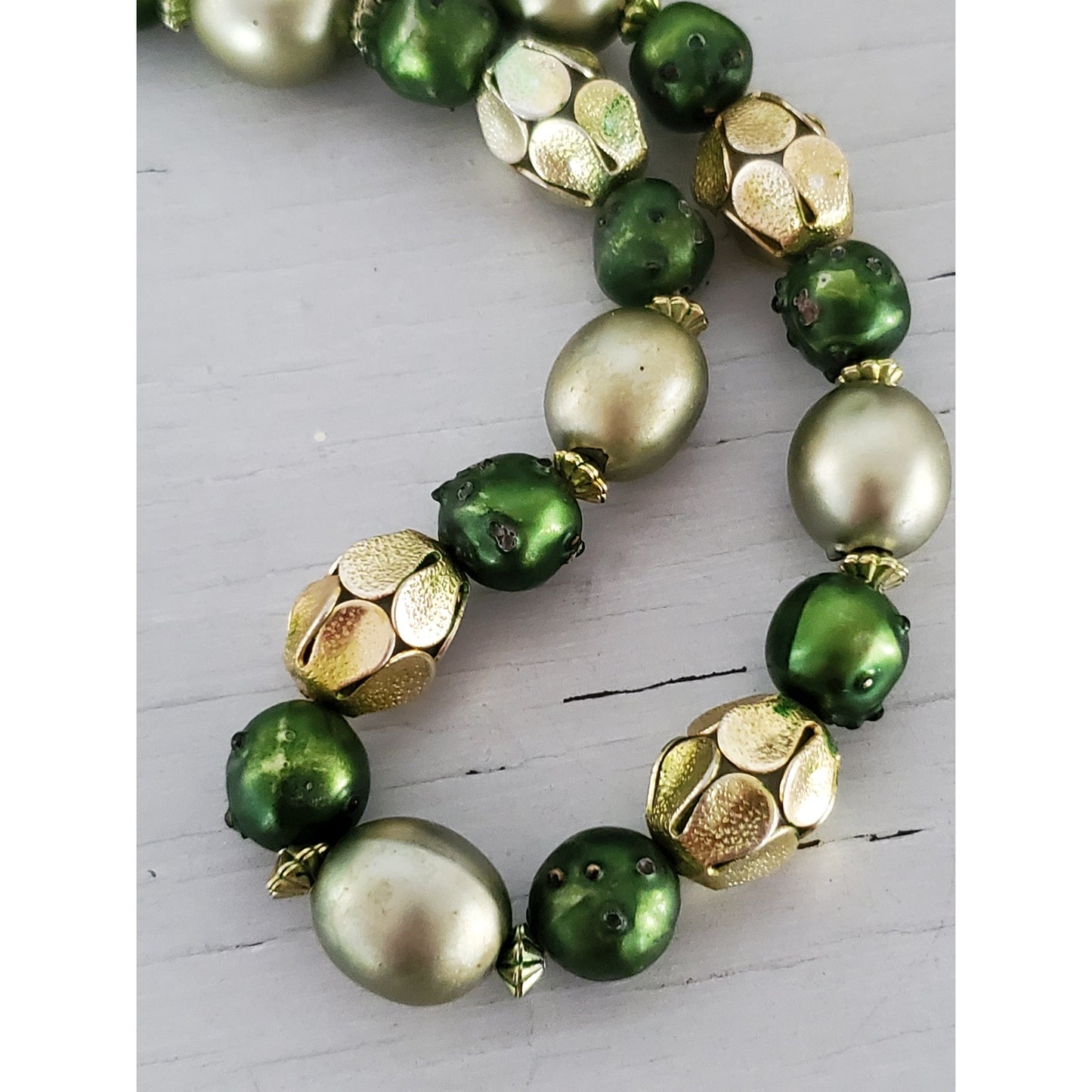 Vintage Green Tone Acrylic Beaded Hong Kong Necklace with Clip On Earrings