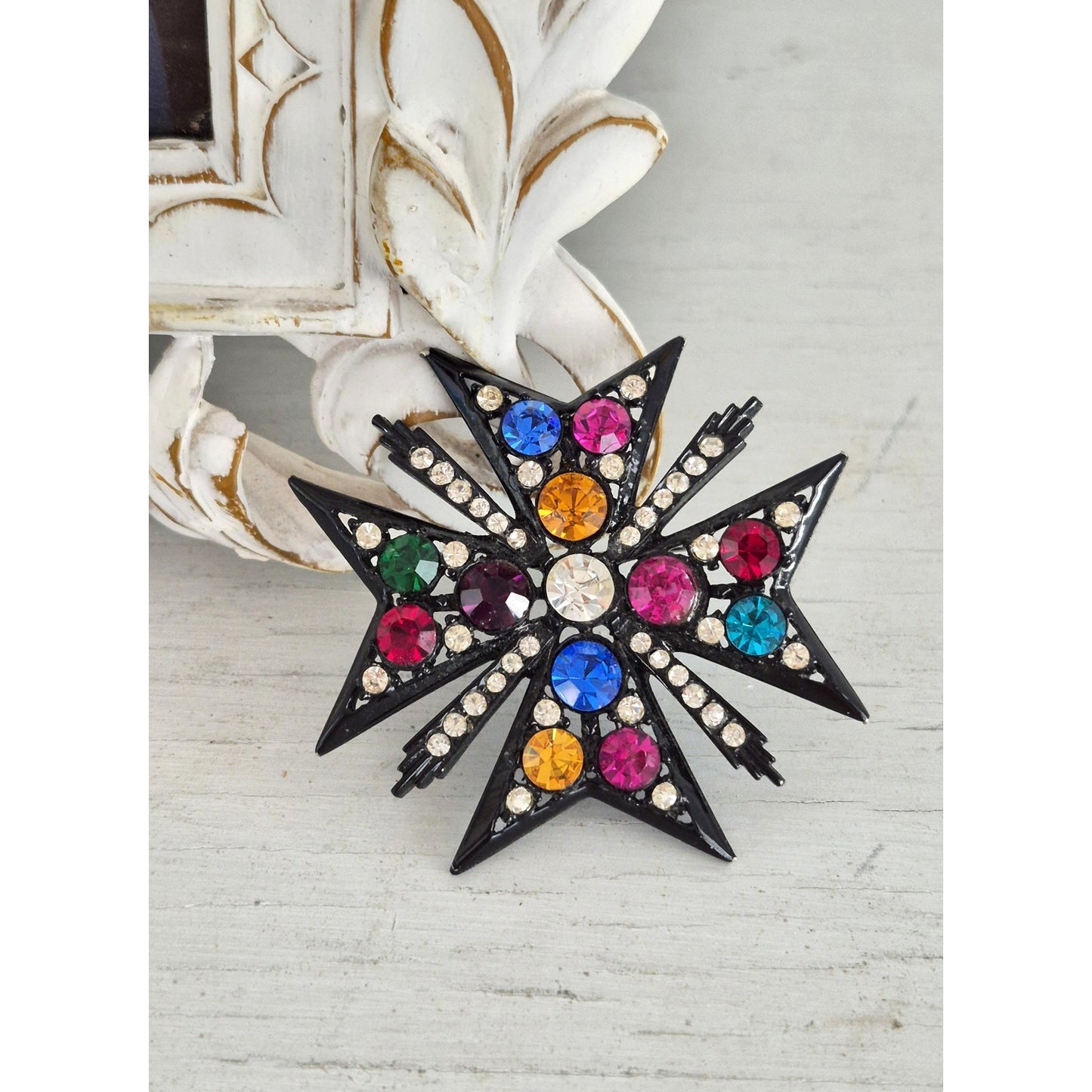 Multi-color Rhinestone Maltese Cross Brooch Pin