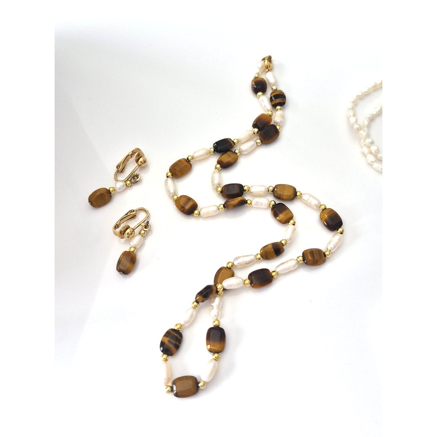 Freshwater Seed Pearl and Tiger Eye Jewelry Set of 2