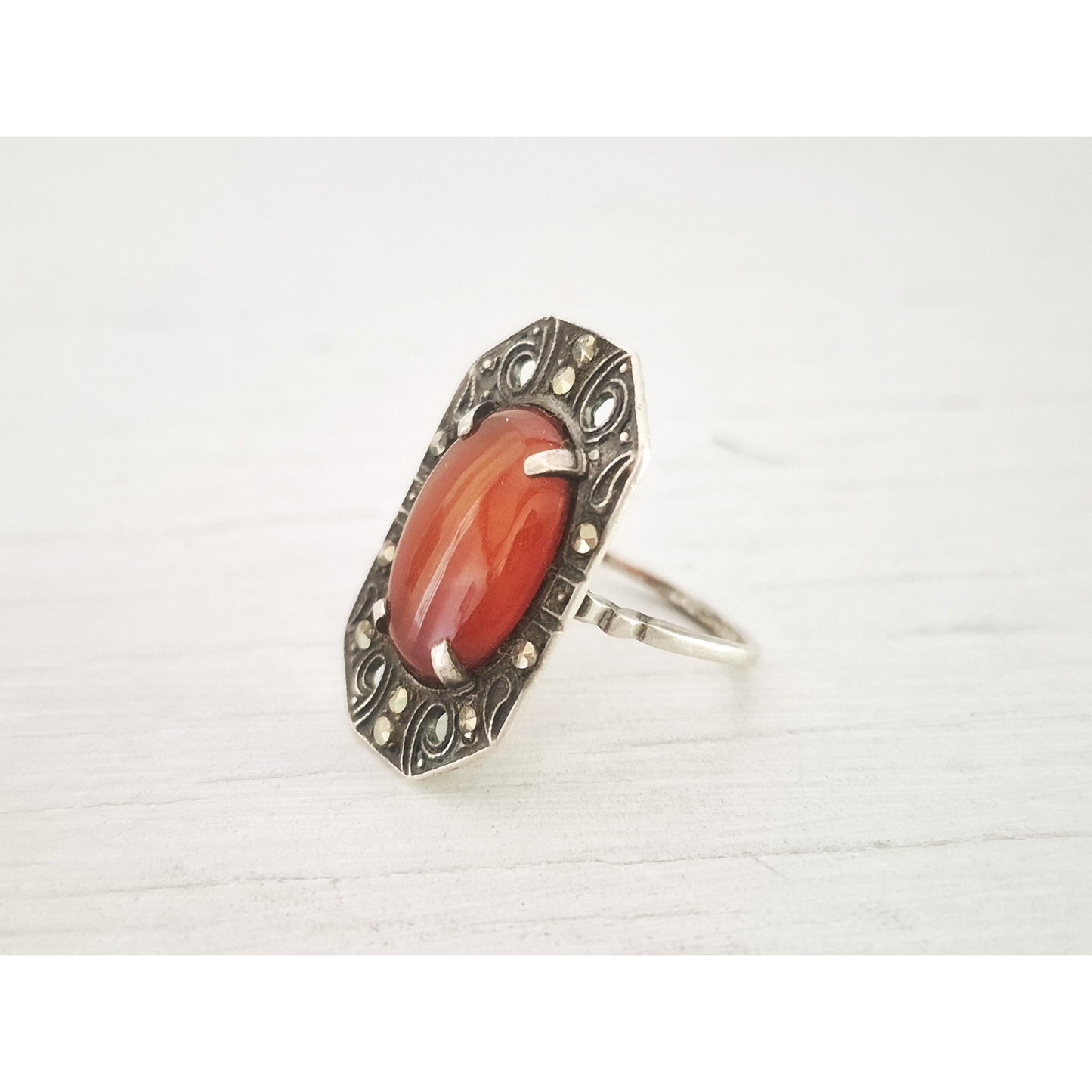 Antique 1920s Art Deco Carnelian and Marcasite Sterling Silver Ring