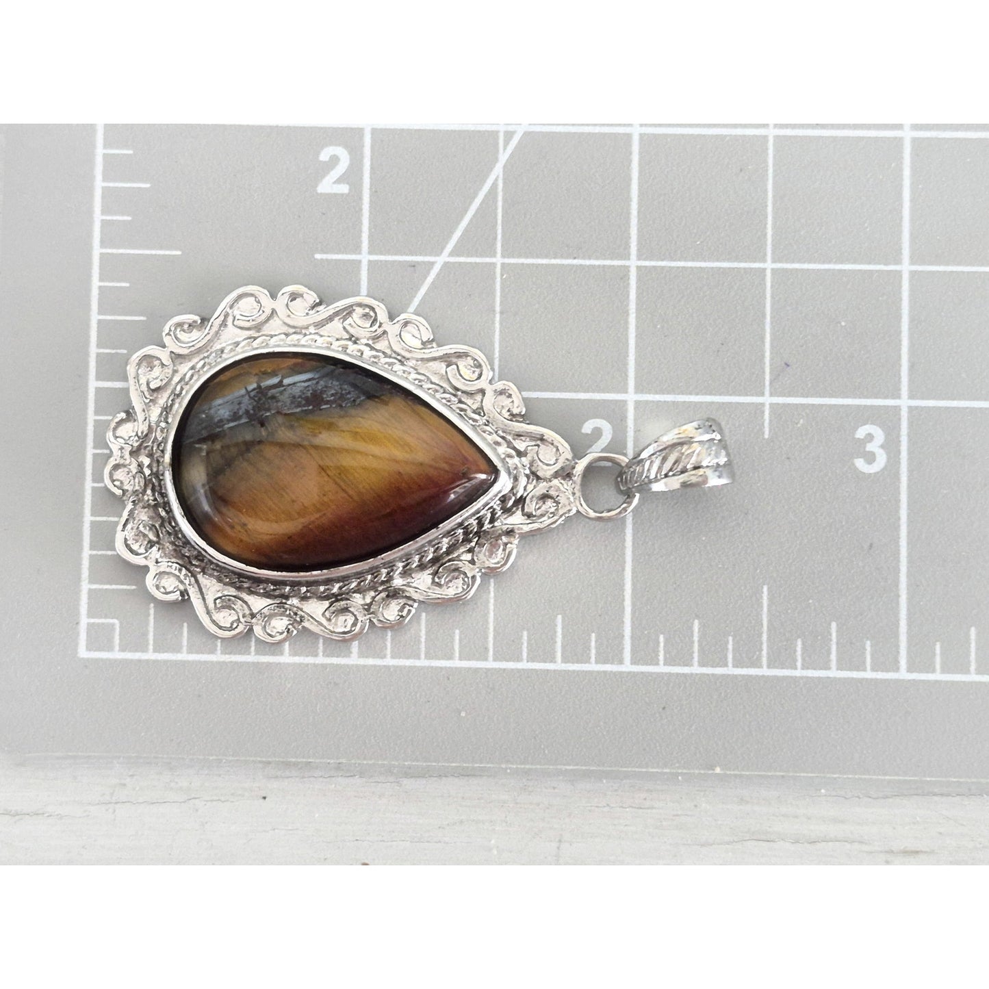 Vintage Large Silver-tone Pear Tiger-Eye Pendant
