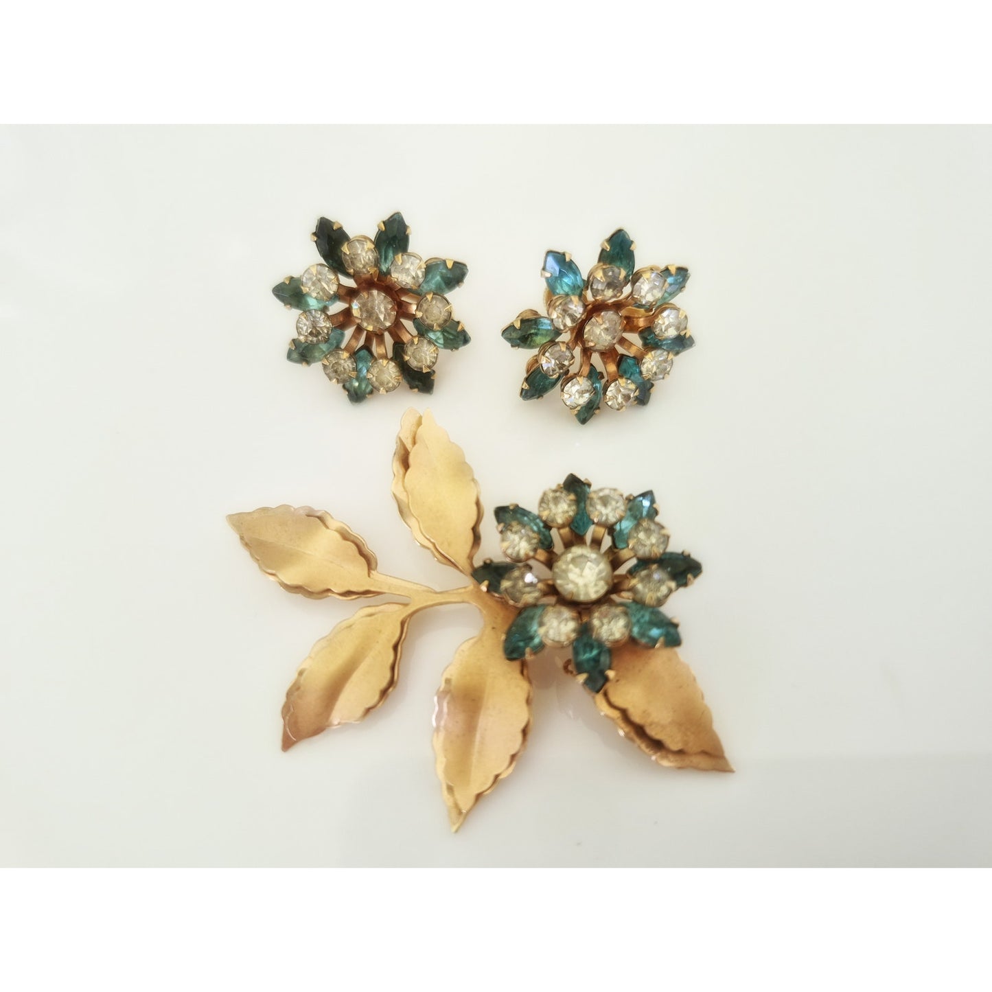 Vintage Gold-fill Blue and White Rhinestone Floral Brooch and Earring Set