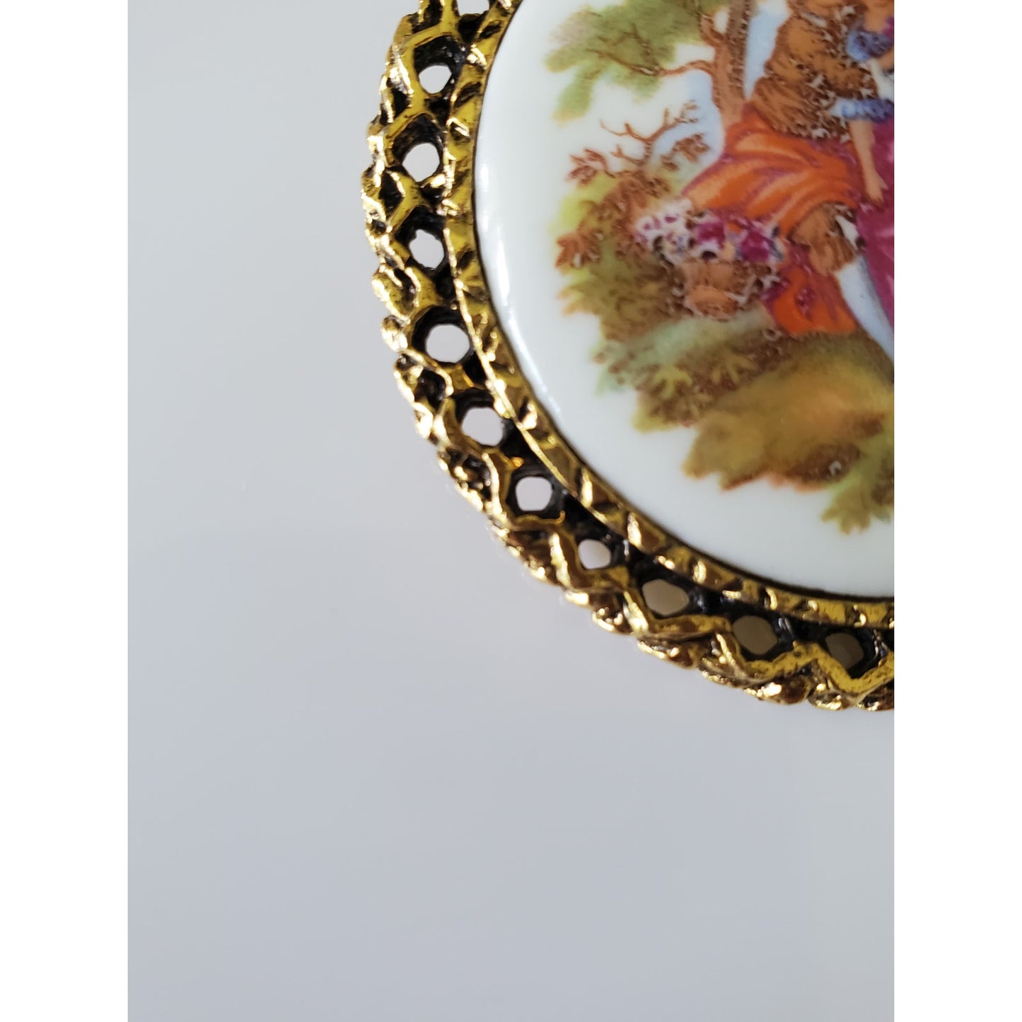 Vintage Porcelain Victorian Brass Brooch