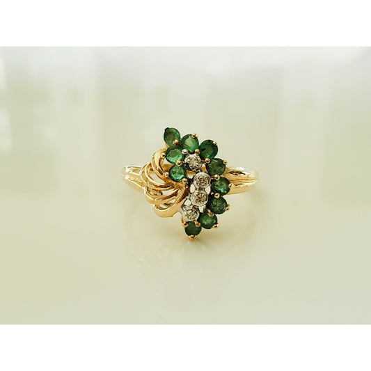 Vintage 14K Gold Emerald and Diamond Cluster Cocktail Ring