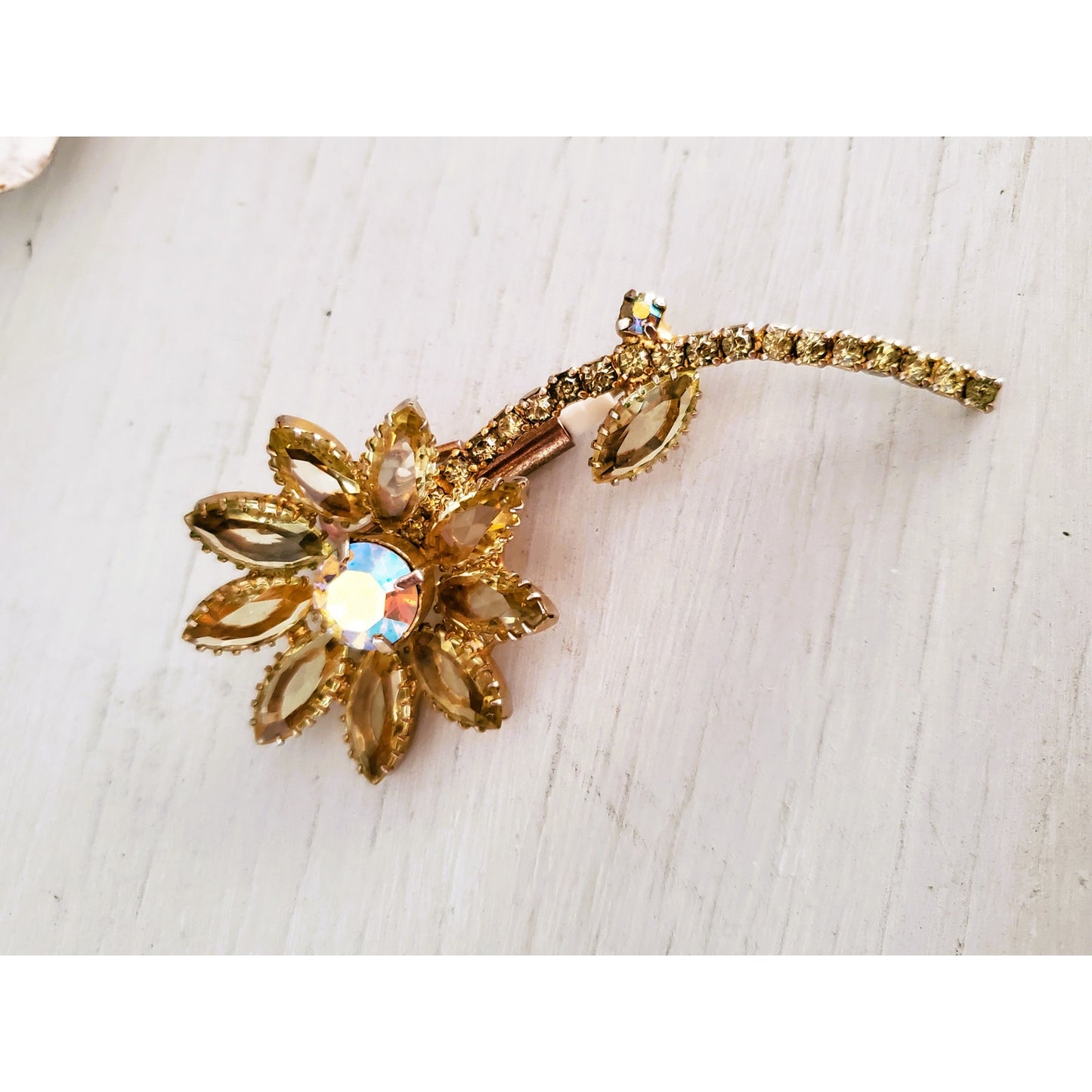 Vintage Large Yellow Rhinestone Sunflower Brooch Pendant