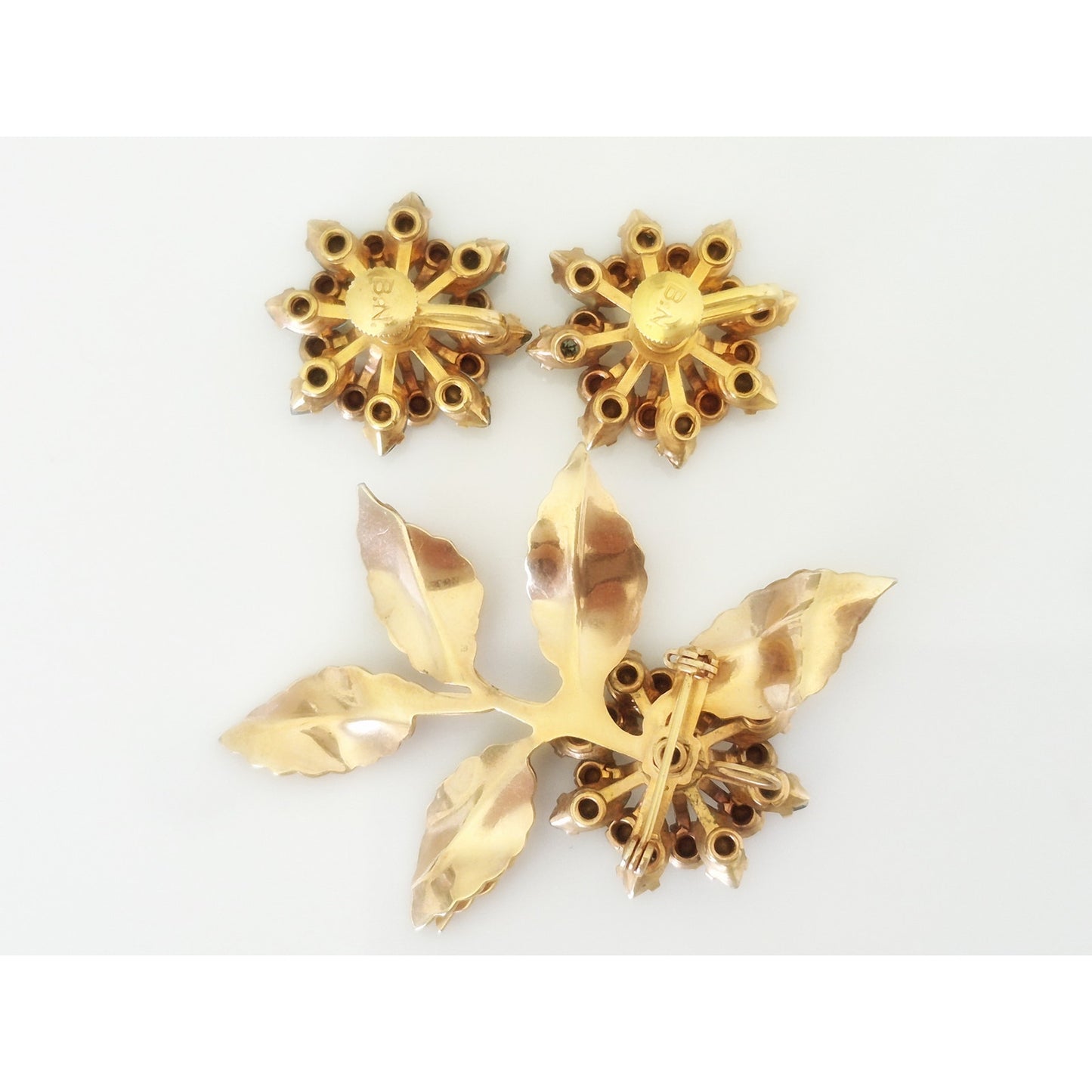 Vintage Gold-fill Blue and White Rhinestone Floral Brooch and Earring Set