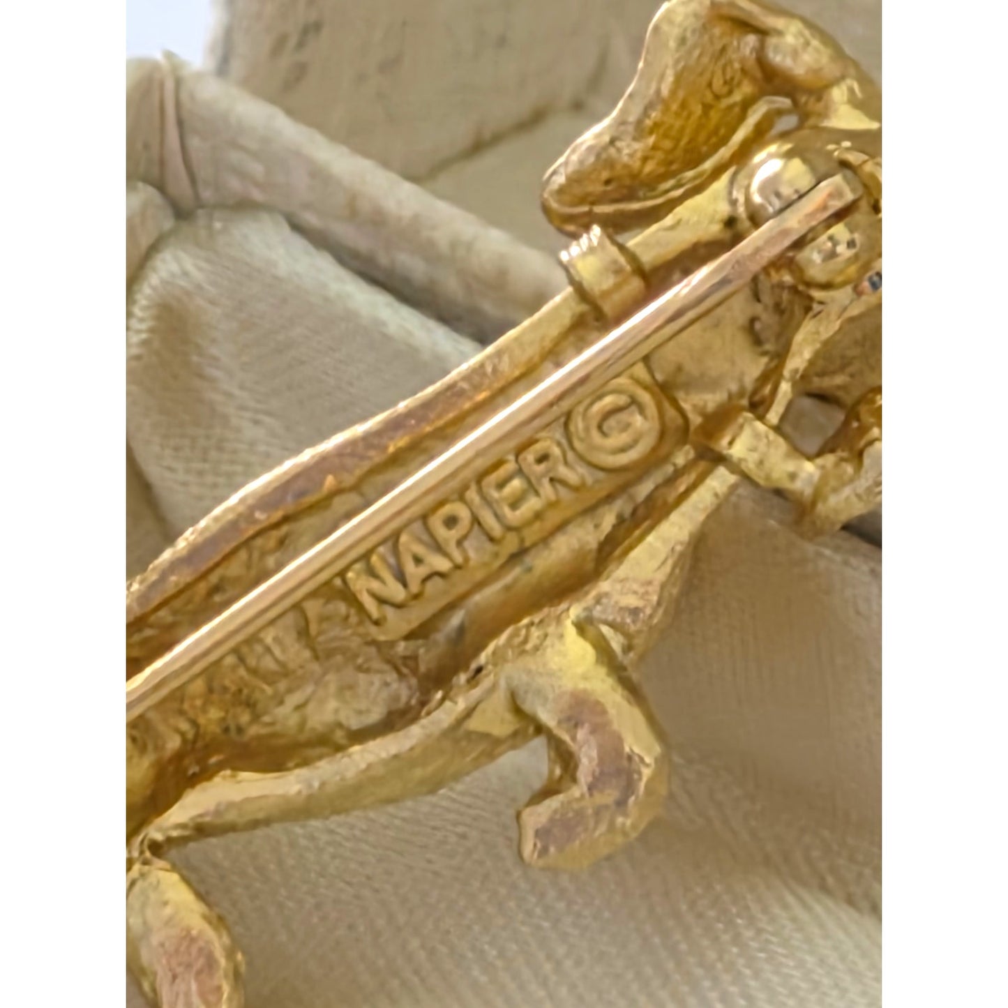 Vintage Napier Gold Tone Dachshund Dog Brooch with Red Rhinestone Eye