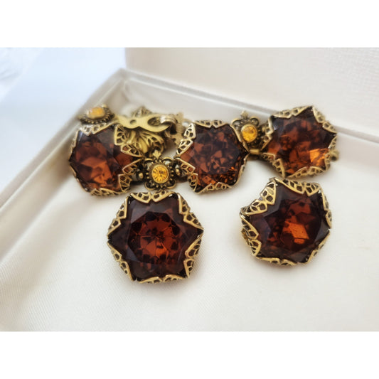 Vintage Art Deco Checho Filigree Cognac Crystal Bracelet and Earring Set