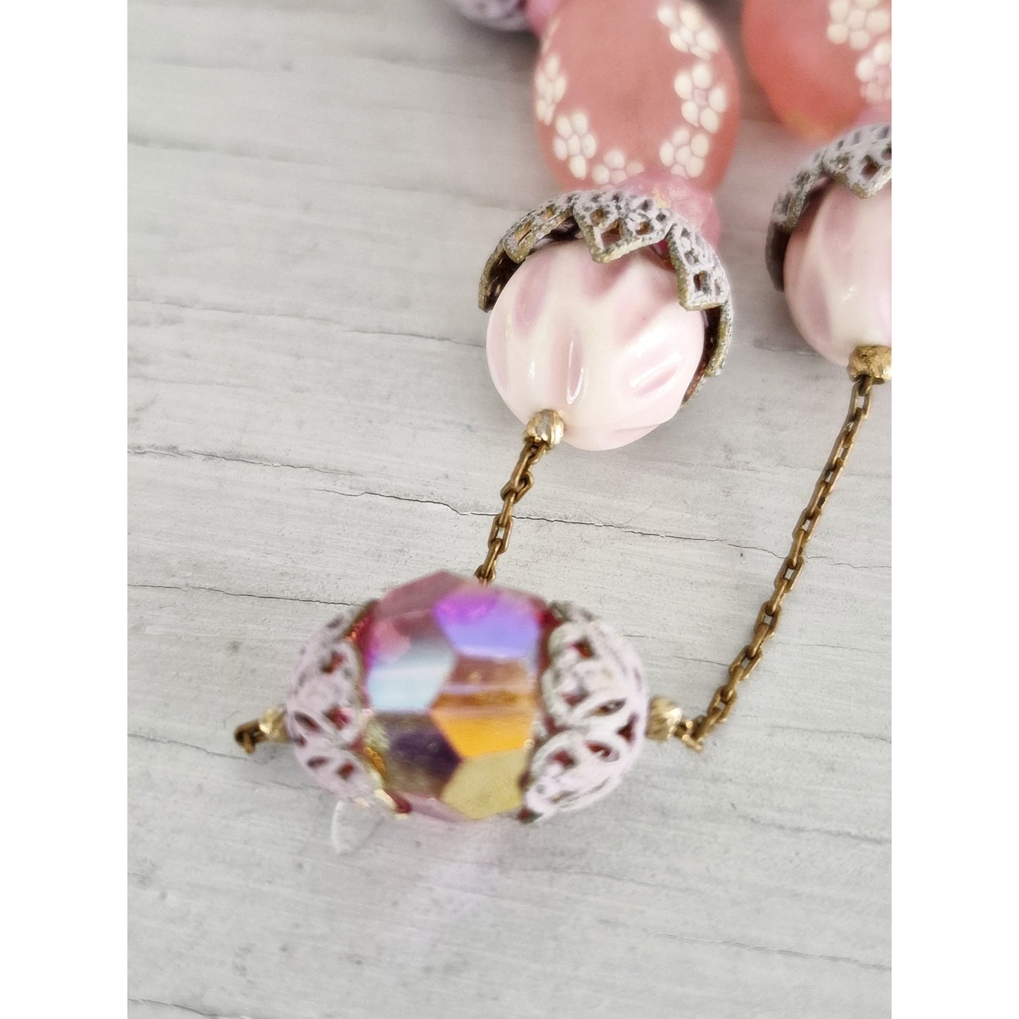 Vintage Pink Floral Lucite Plastic Bead Crystals Necklace and Earring Set