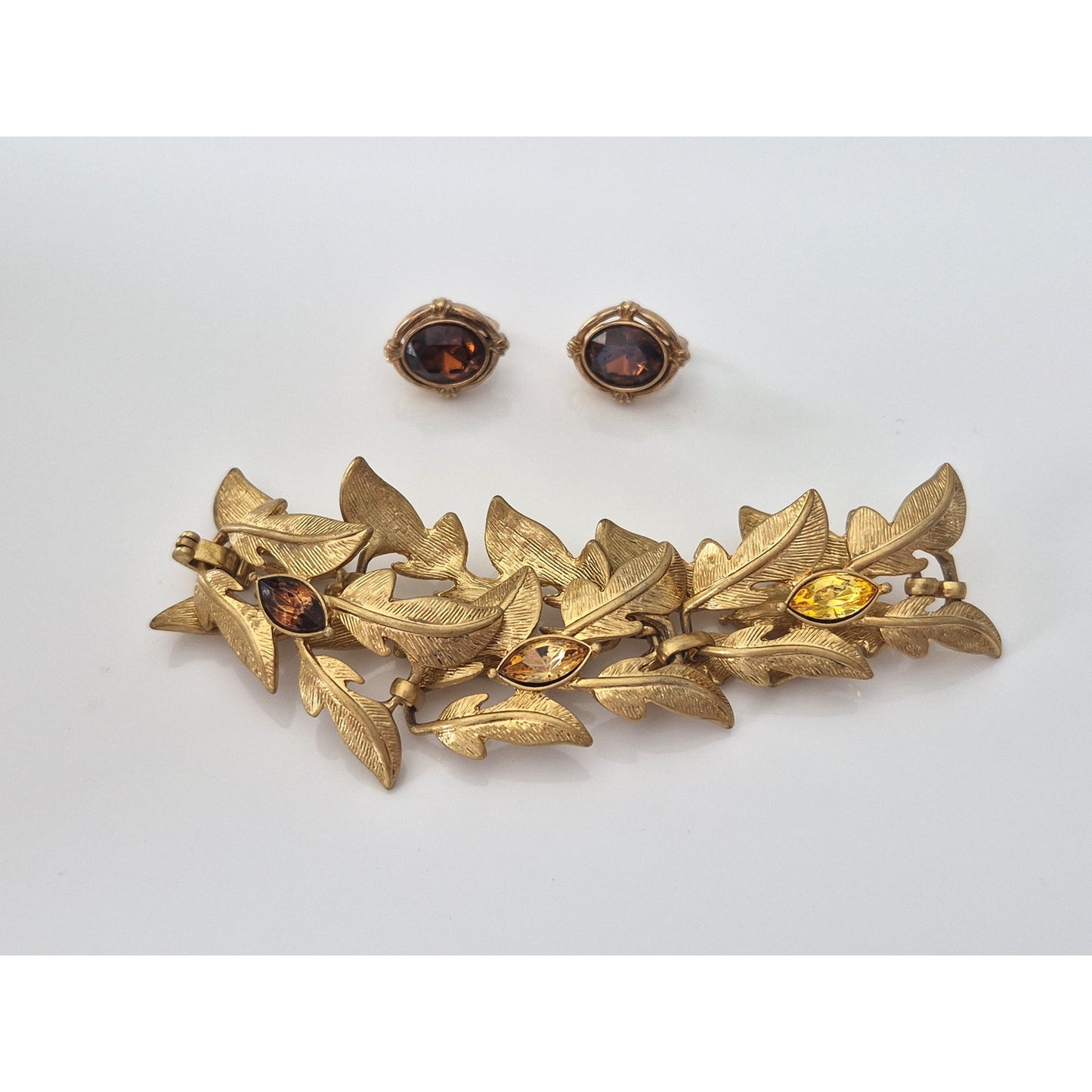 Vintage Gold-tone Avon Faux Topaz Earrings and Leaf Bracelet