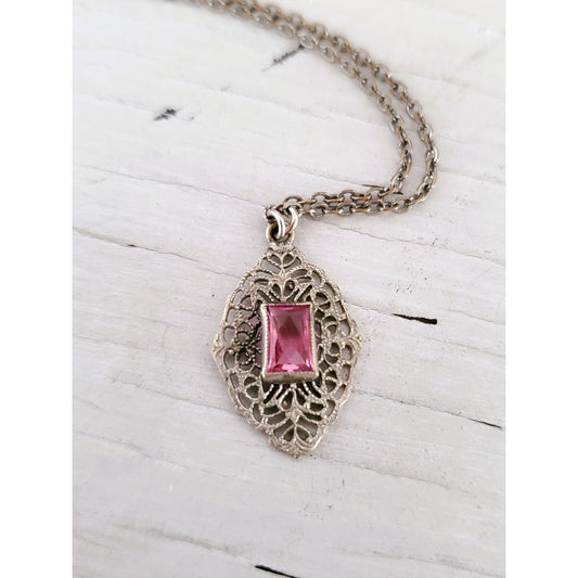 Antique Art Deco Pink Stone Filigree Child Size Necklace