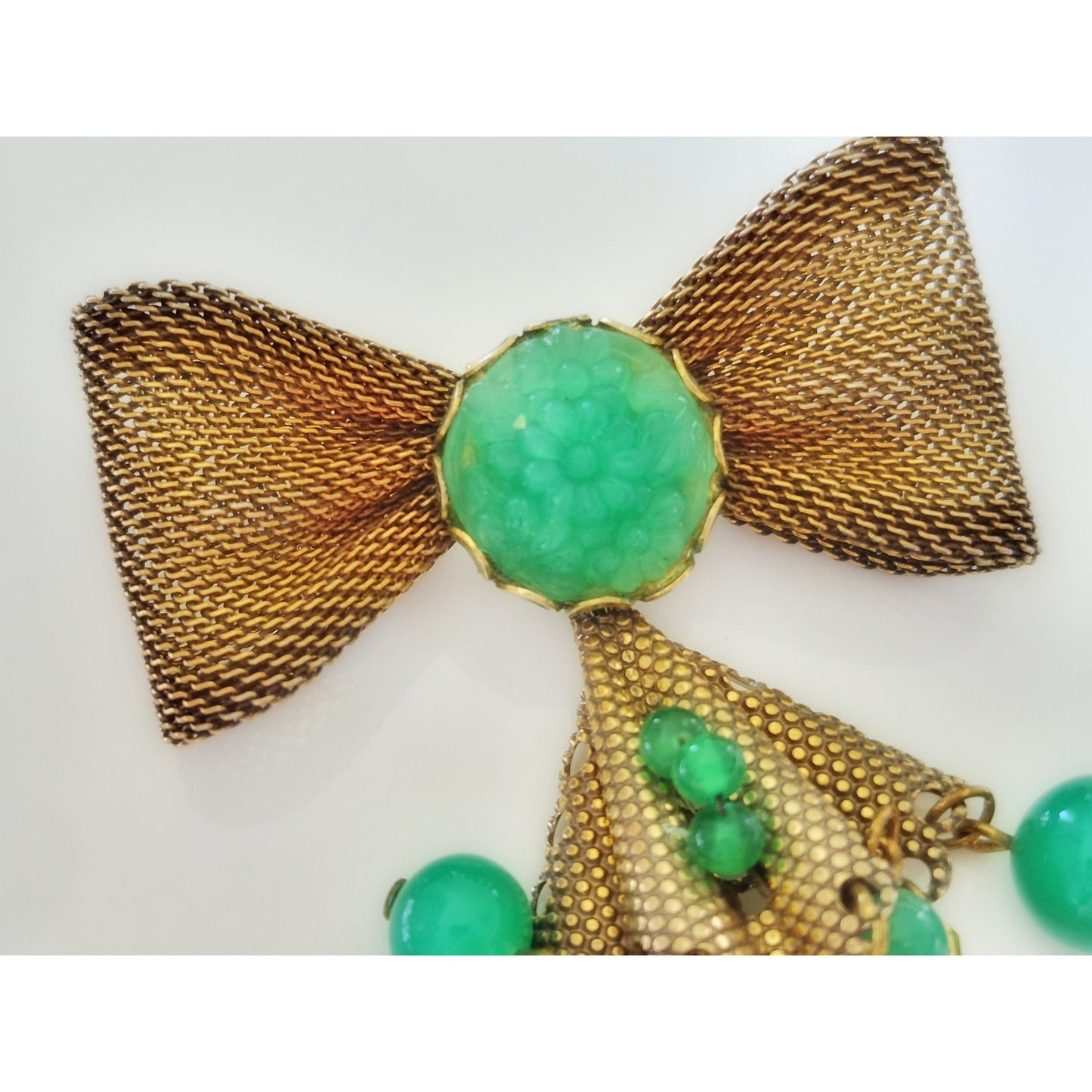 Vintage Antique Faux Jade Bow-tie Dangle Brooch