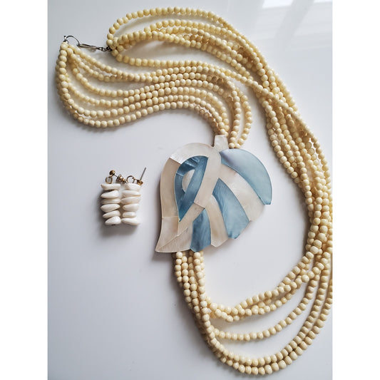Vintage Leaf White Beaded Necklace and Earring Set