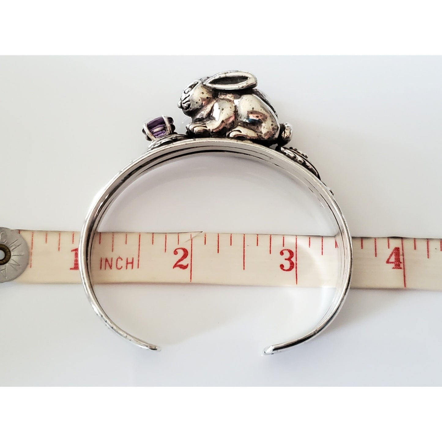 Vintage Sterling Silver Bunny Rabbit Amethyst Cuff Bracelet