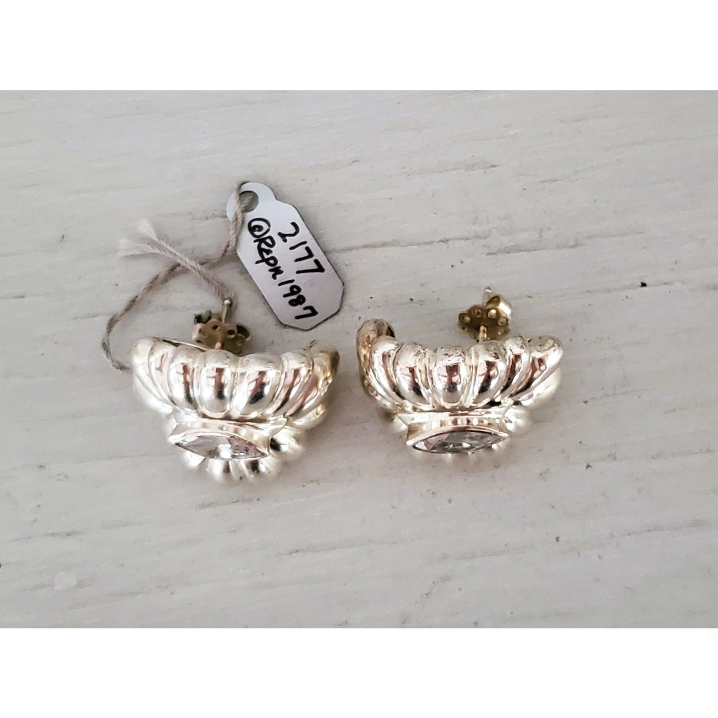 Vintage 1980s Italian Chunky Silver Scalloped Crystal Zirconia Earrings