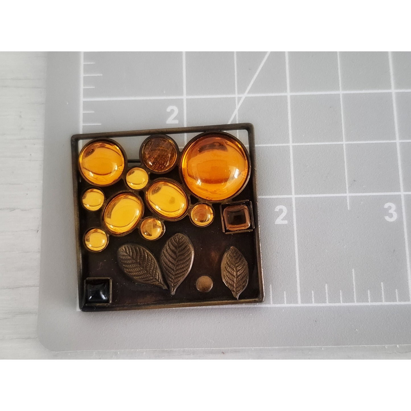 Vintage Yellow Carbochans Floral Copper Artisan Brooch
