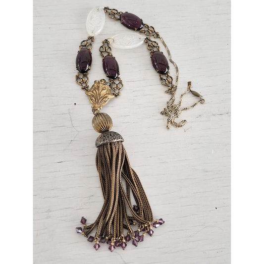 Vintage Signed Sadie Green Amethyst Colored Tassel Necklace